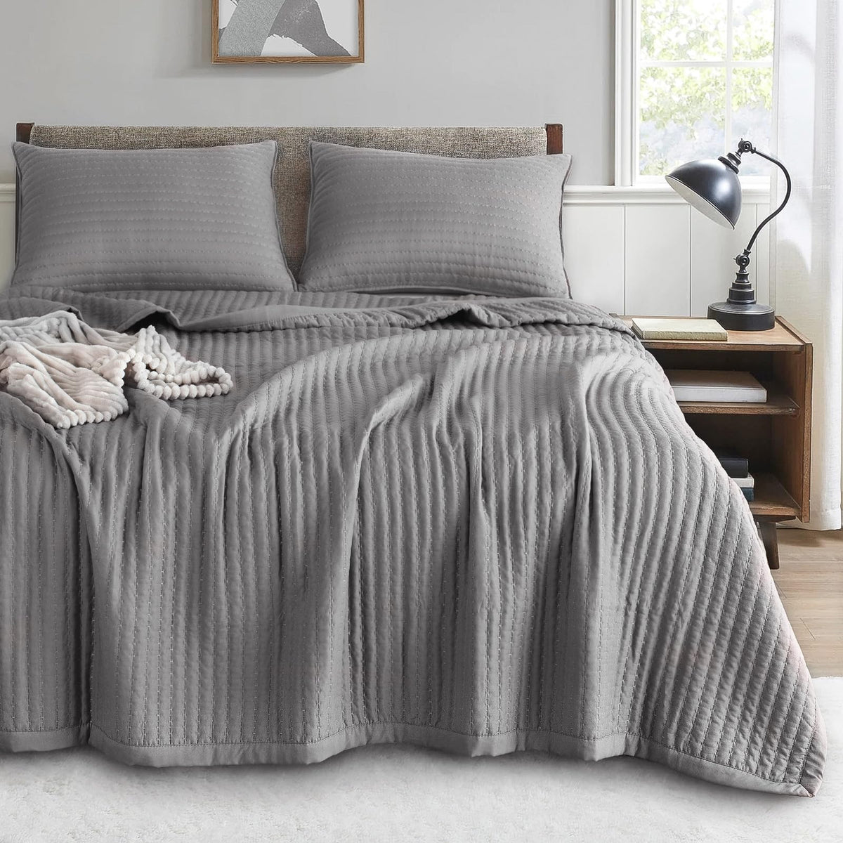 Kasentex Dark Grey Twin Size Quilt Bedding Set With Pillow-Shams, Lightweight Soft Bedspread, Durable Quilted Blanket Thin Comfo