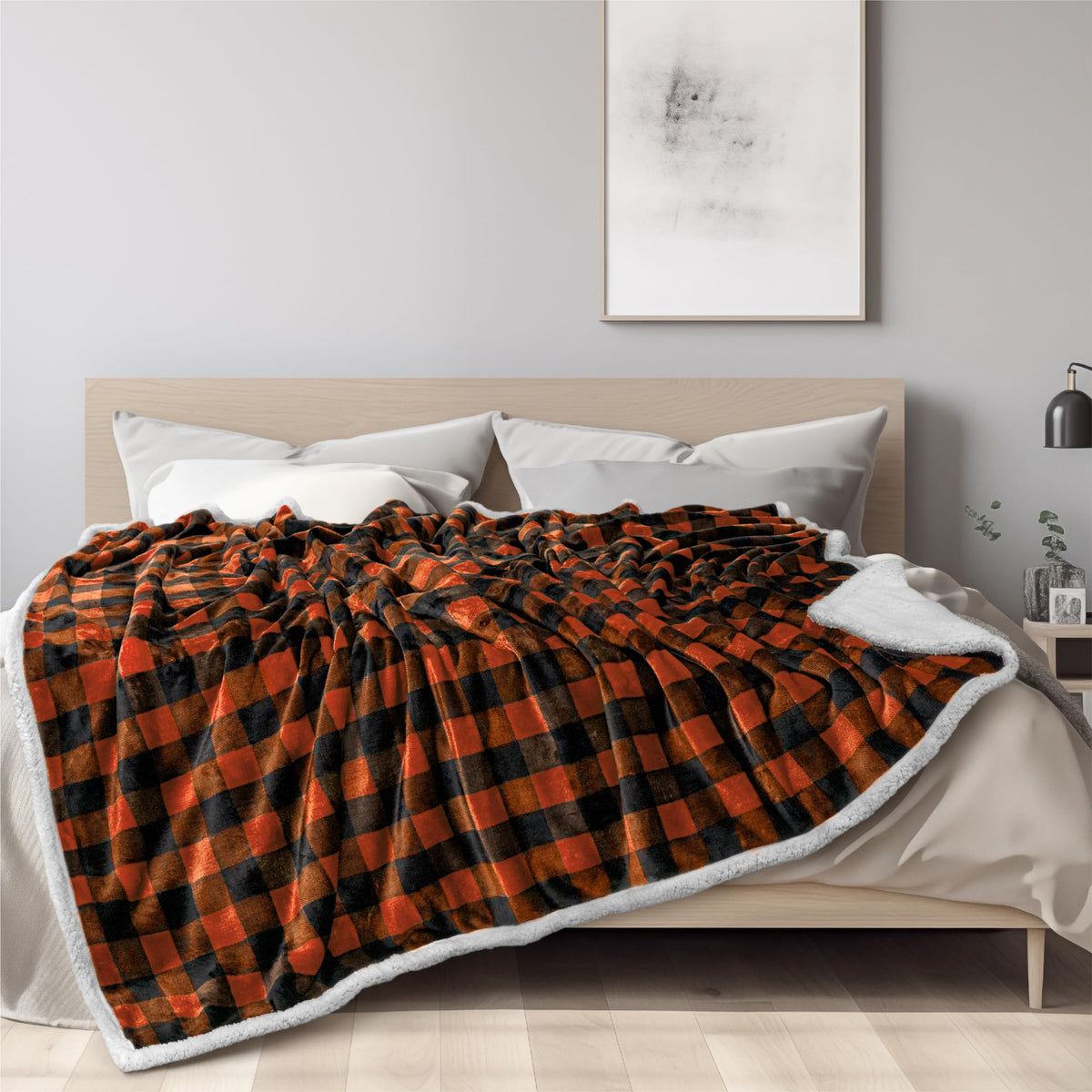 Pavilia Black Orange Buffalo Plaid Sherpa Fleece Throw Blanket For Couch Twin, Soft Flannel Blanket For Bed, Halloween Orange Ch