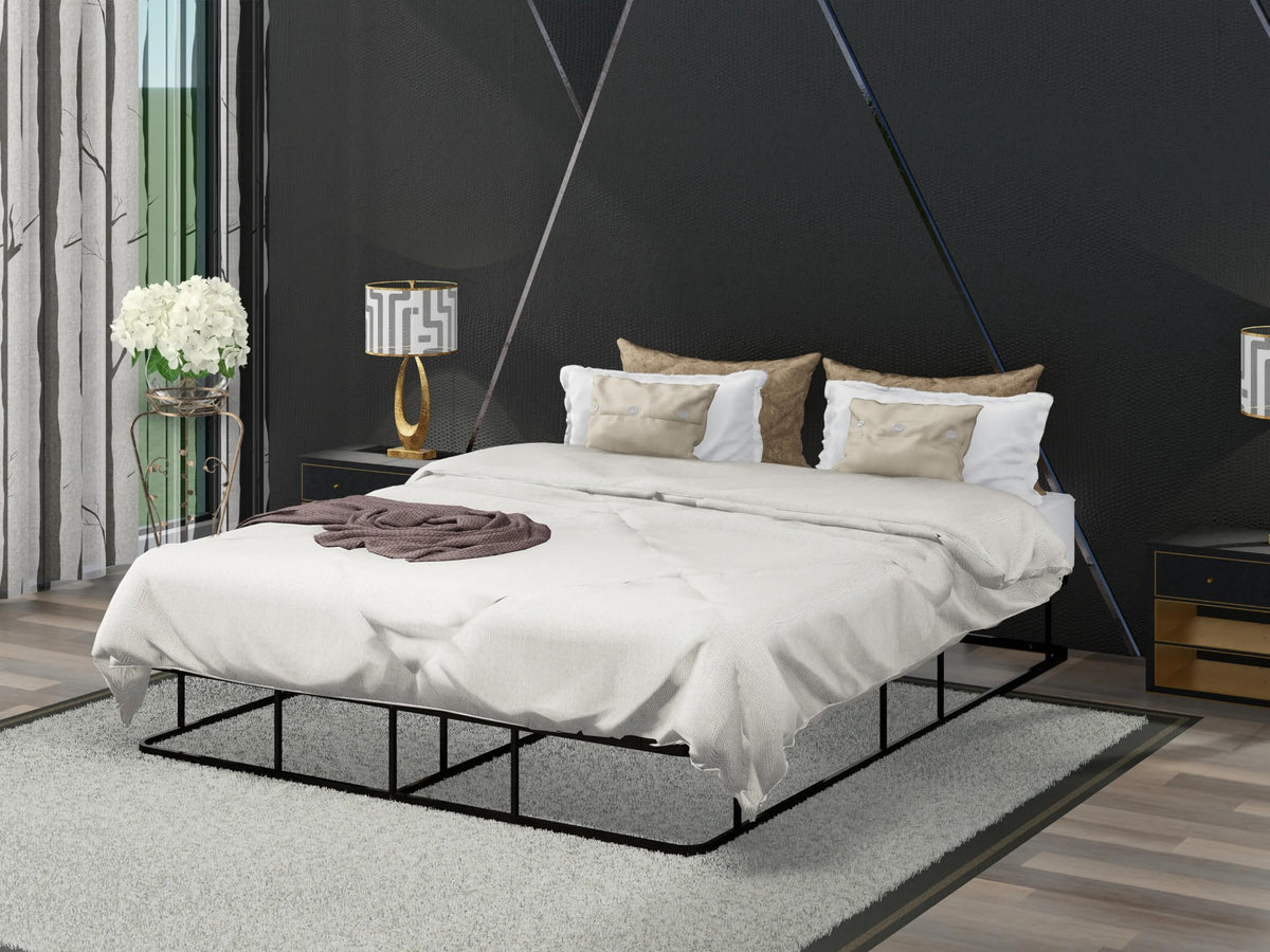 East West Furniture DHQBBLK Dothan Queen Bed Frame with Luxurious Style Headboard and Footboard Metal Frame in Powder Coating Black