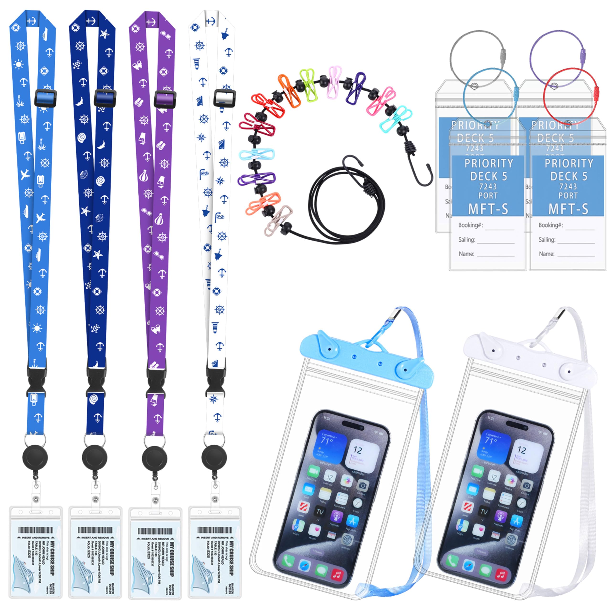 Cruise Ship Essentials 2025 Set, 4 Pcs Retractable Lanyards, 4 Pcs Luggage Tag Holders, 2 Waterproof Phone Pouches, Retractable