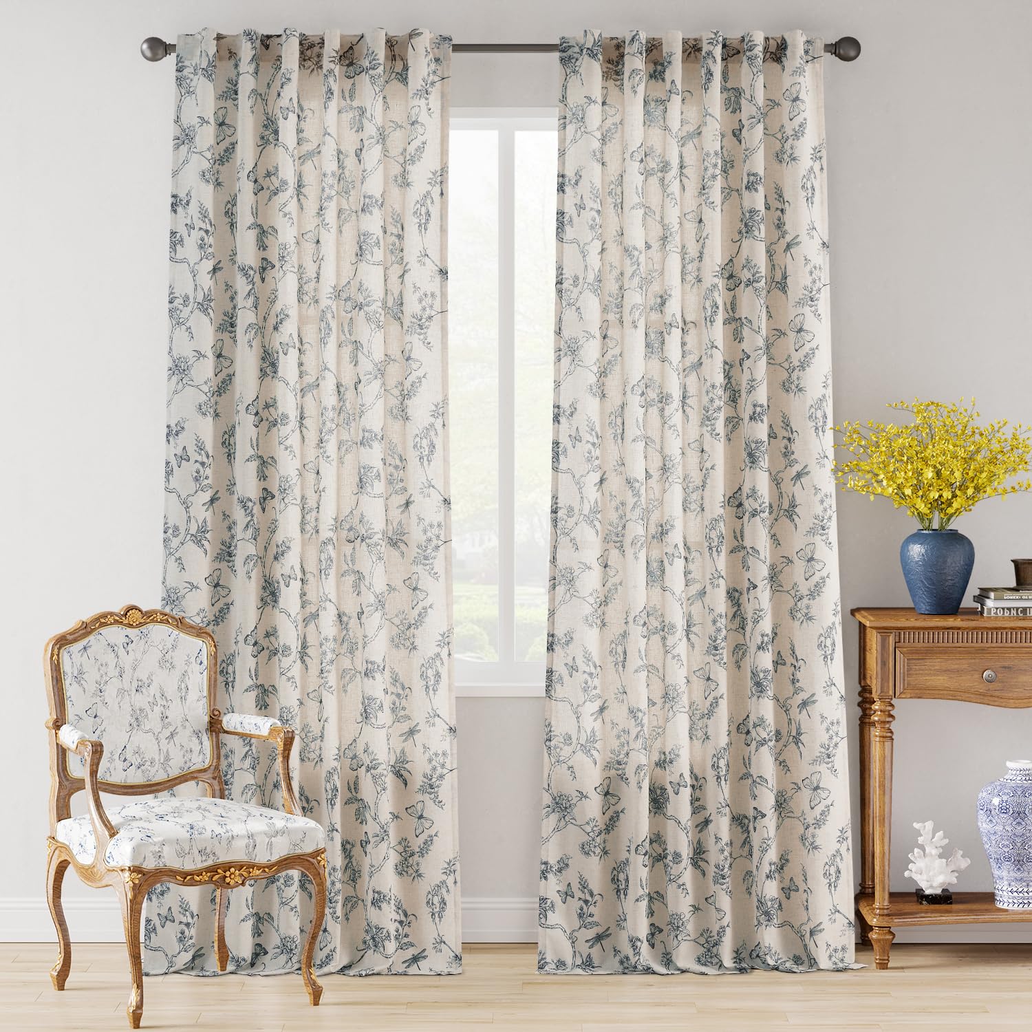 Lazzzy Farmhouse Linen Curtains Blue Floral Curtains 108 Inch Length Back Tab Drapes For Living Room Bedroom Light Filtering Cou
