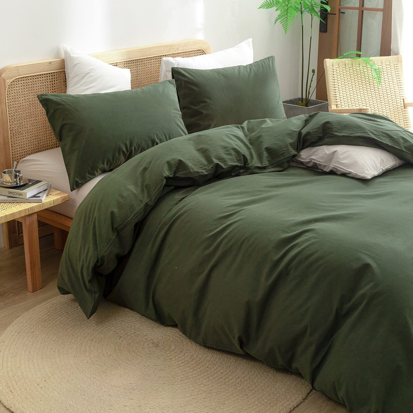 Bestouch Duvet Cover Set 100% Washed Cotton Linen Feel Super Soft Comfortable Chic Lightweight 2 Pcs Home Bedding Set Solid Oliv