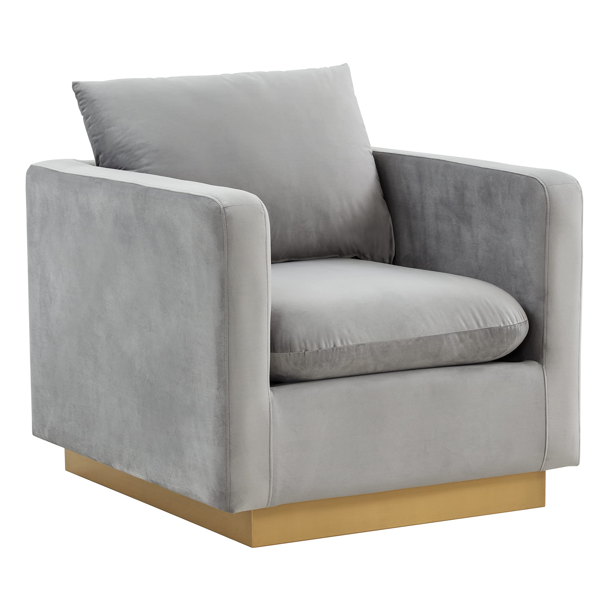 LeisureMod Nervo Velvet Accent Armchair With Gold Frame, Light Grey