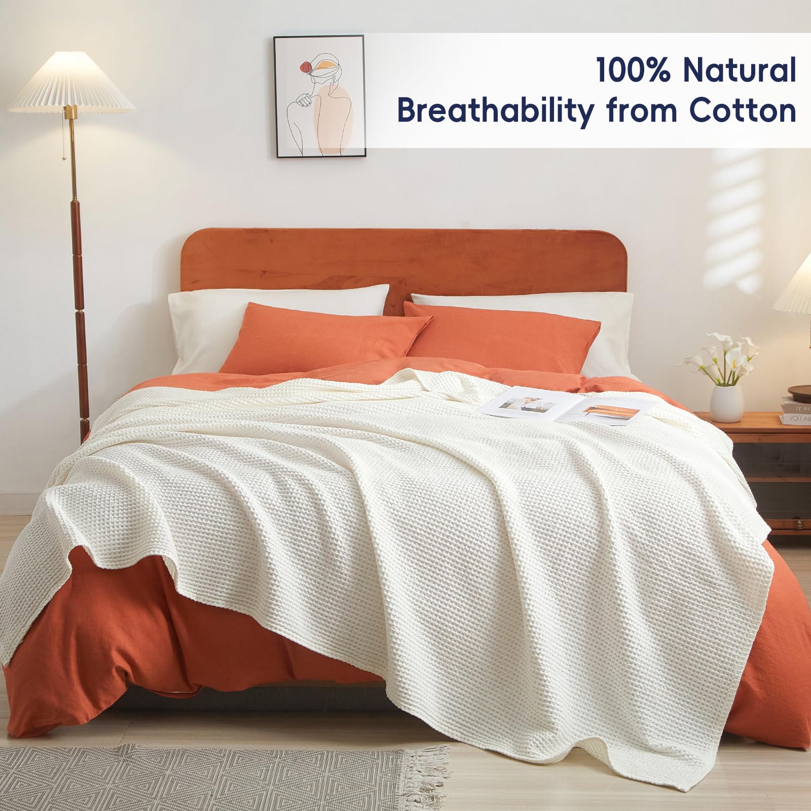 Phf 100% Cotton Waffle Weave Blanket Queen Size 90'X90' - Lightweight Cozy Washed Soft Breathable Throw - Great Layer For Couch Bed Sofa - Elegant Aesthetic Home Decoration Gift - Cream