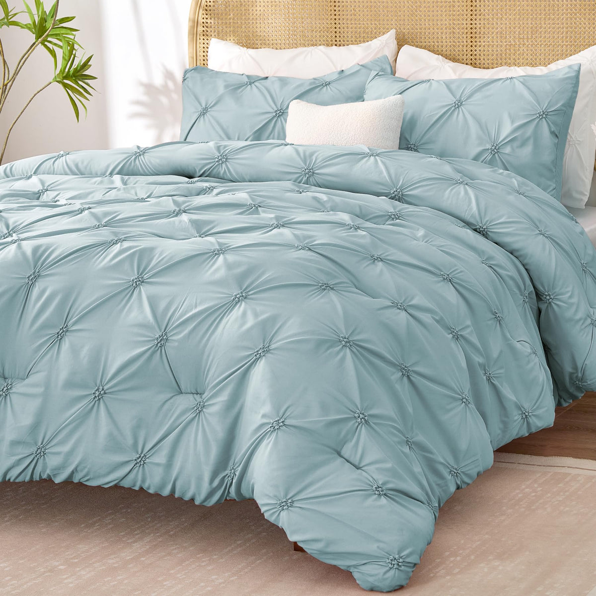 Bedelite Light Blue Queen Comforter Set - 3 Pieces Boho Pintuck Bedding Comforter Sets, Lightweight Soft & Warm Bed Comforter Qu