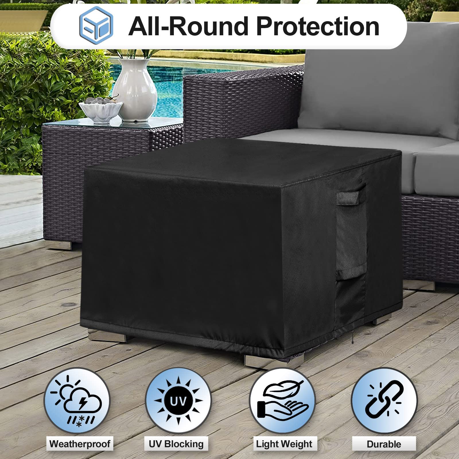 Outdoorlines Outdoor Waterproof Patio Ottoman Covers - Square Uv-Proof Patio Side Table Cover Windproof Heavy-Duty Furniture Covering Protector 28L X 28W X 17H Inch, Black