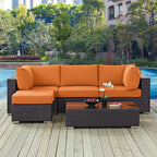 Modway Convene Wicker Rattan 5-Piece Outdoor Patio Sectional Sofa Furniture Set In Espresso Orange