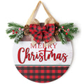 Christmas Sign for Front Door Wall Decor - Walasis Merry Christmas Signs Hanging for Indoor with Buffalo Plaid Bow Farmhouse 12 