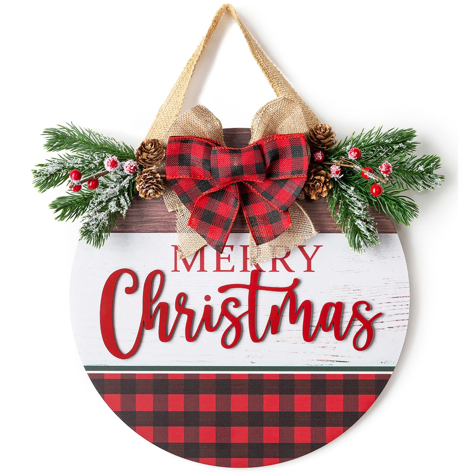 Christmas Sign for Front Door Wall Decor - Walasis Merry Christmas Signs Hanging for Indoor with Buffalo Plaid Bow Farmhouse 12 