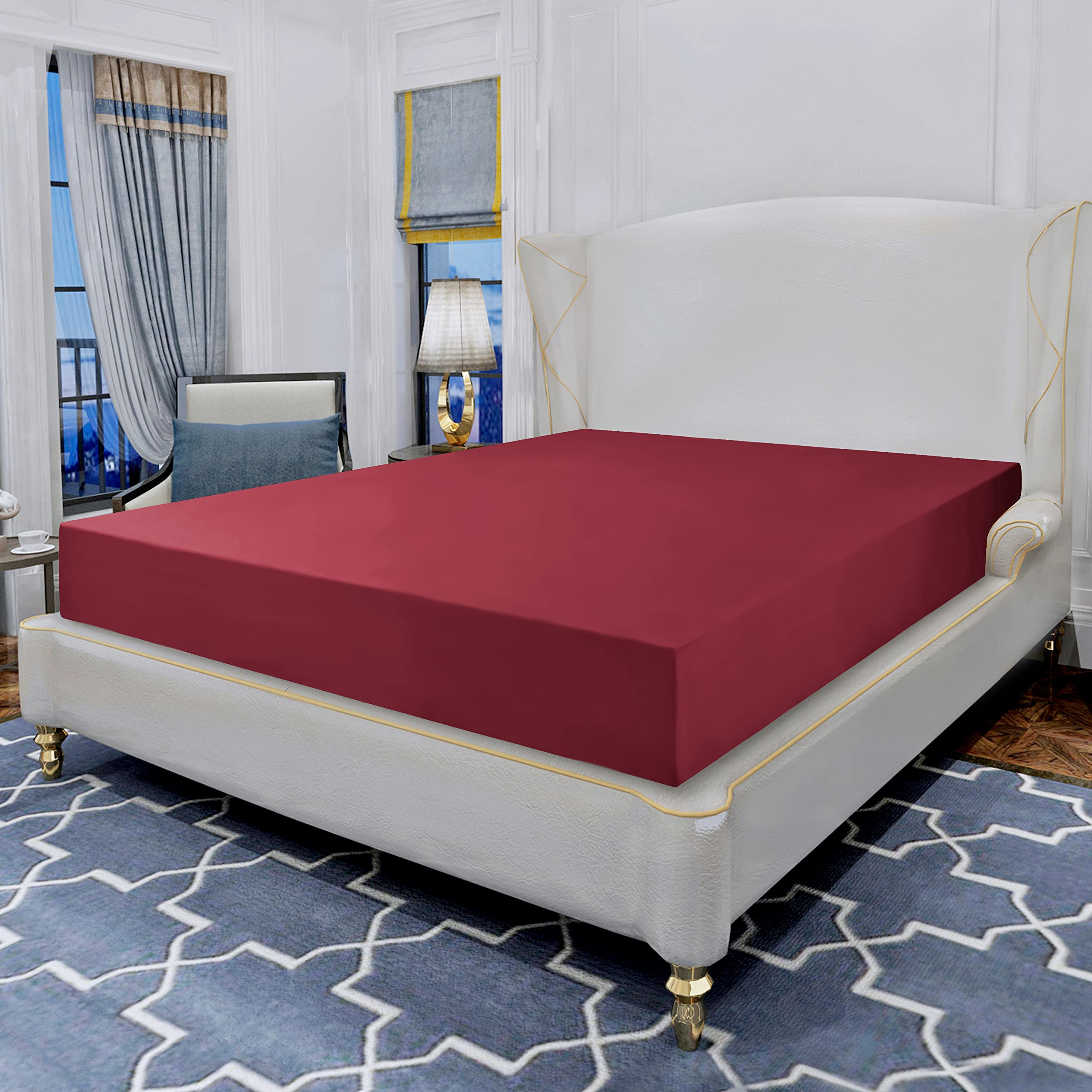 Elegant Comfort Luxurious Wrinkle Resistant 1500 Thread Count Egyptian Quality 1-Piece Fitted Sheet All Around Elastic -Deep Pocket- Ultra Soft Bottom Fitted Sheet, Full, Burgundy