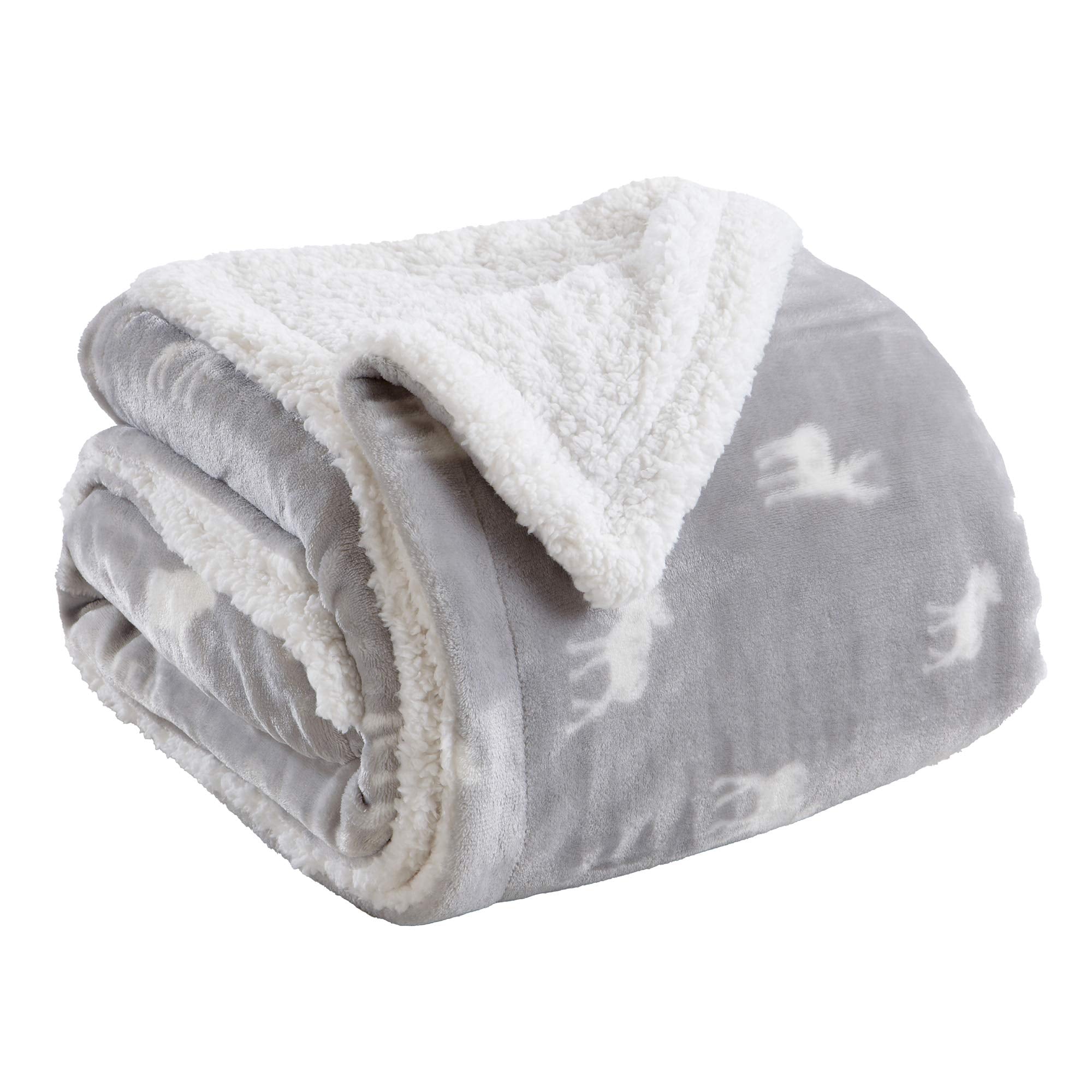 Great Bay Home Sherpa Fleece And Velvet Plush Full/Queen Throw Blanket Grey Moose, Thick Blanket For Chair, Sofa, Or Bed. Warm,
