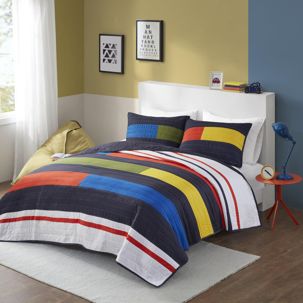 Urban Habitat Kids Quilt Set, Vibrant Color Block Stripes Coverlet For Queen Size Bed, All Season Lightweight Bedding, Pre-Washe