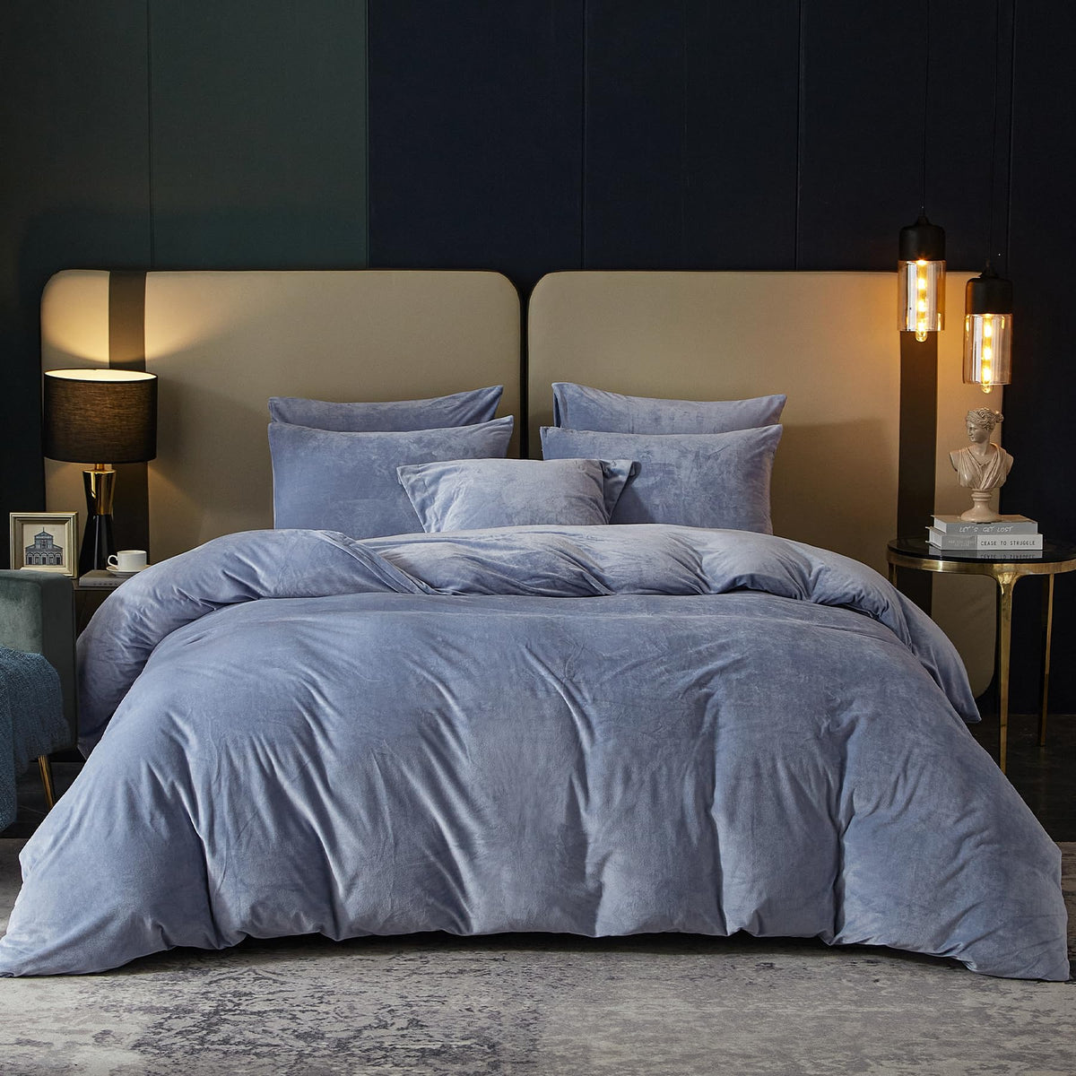 Se Softexly Velvet Blue Duvet Cover Queen Size, Soft Flannel Duvet Cover With Zipper Solid Breathable Silky Velour Comforter Cov