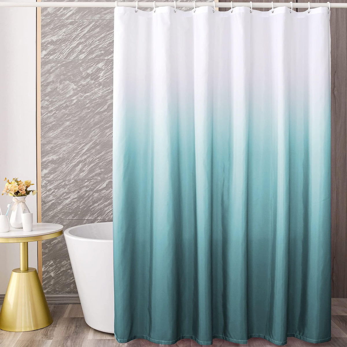 YI & ZE Teal Blue Ombre Shower Curtain Sets for Bathroom Accessories Fabric Polyester Waterproof Modern Shower Curtain Liner wit