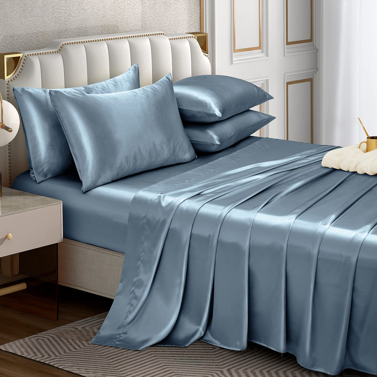 Horbaunal 6 Piece Satin Sheet Set Full Size Luxury Silky & Soft Dusty Blue Satin Full Bed Sheet Set With 16' Deep Pocket, 1 Fit