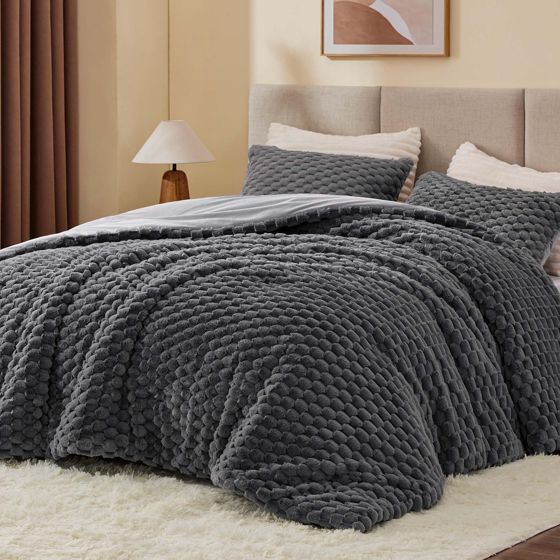 Bedelite Fluffy King Size Comforter Set - Grey Fleece Soft Comforter For King Size Bed, Luxury Warm Bedding Set For Winter, Fuzz