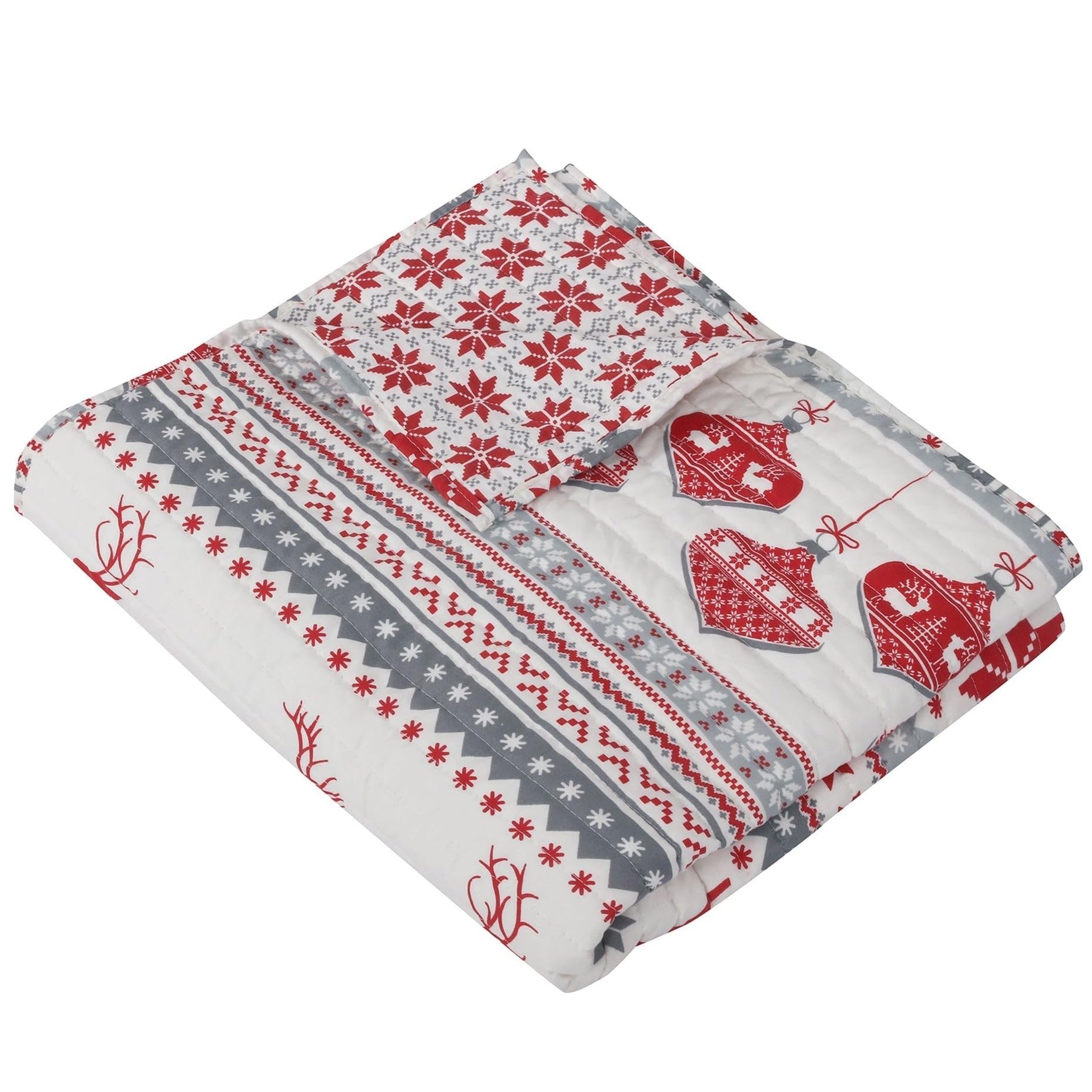 Levtex Home - Silent Night - Quilted Throw - 50X60In. - Fair Isle Deer - Red, Grey, White - Reversible - Cotton