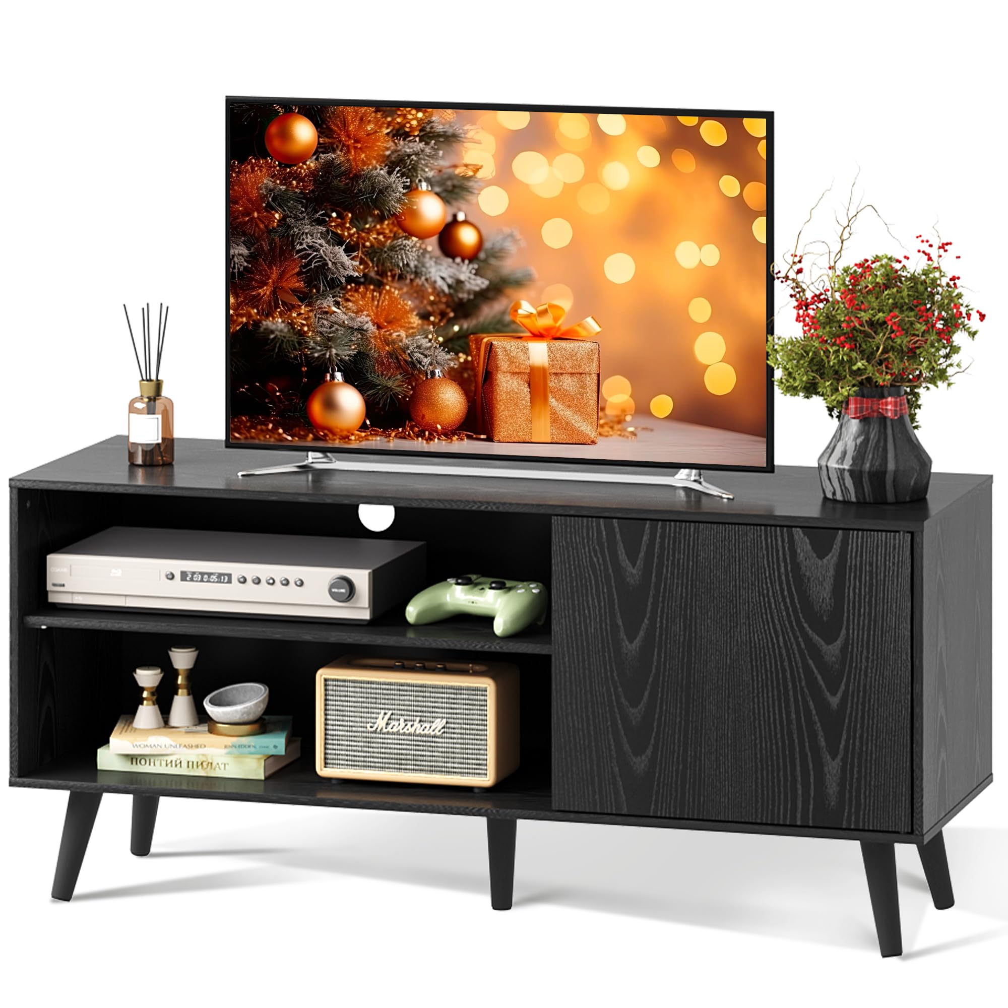 Wlive Tv Stand For 55 Inch Tvs, Entertainment Center With Storage Cabinet, Mid-Century Tv Stands For Living Room And Bedroom, 50' Tv Console, Black