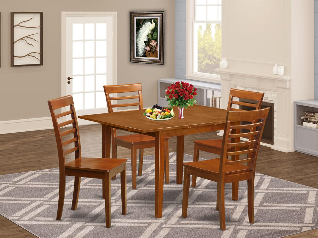 East West Furniture MILA5-SBR-W Milan 5 Piece Set for 4 Includes a Rectangle Kitchen Table with Butterfly Leaf and 4 Dining Room Chairs, 36x54 Inch