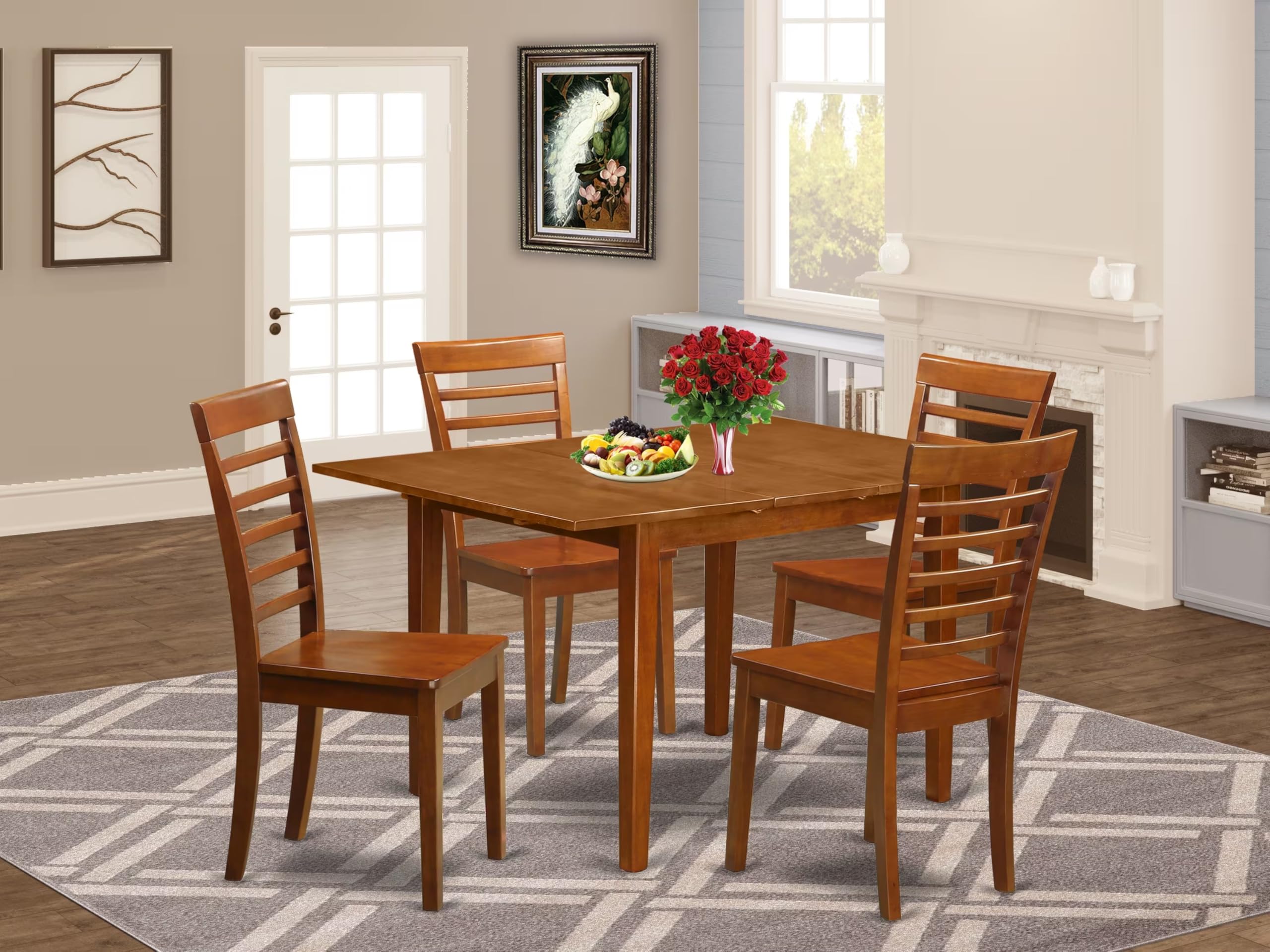 East West Furniture MILA5-SBR-W Milan 5 Piece Set for 4 Includes a Rectangle Kitchen Table with Butterfly Leaf and 4 Dining Room Chairs, 36x54 Inch