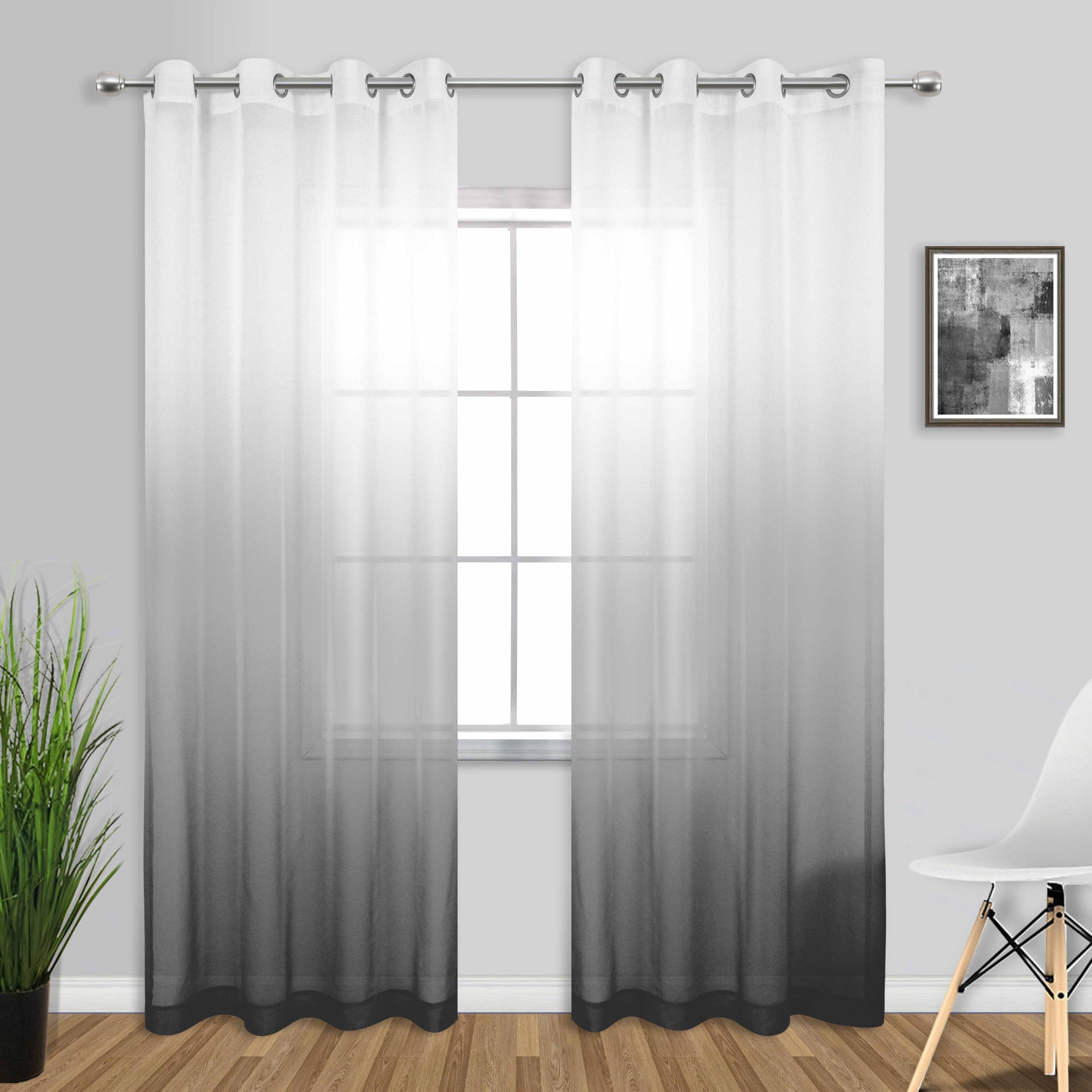 Koufall Grey Curtains For Living Room,Sheer Ombre Patterned Curtains For Bedroom 84 Inches Long,2 Panel Sets,Gray And White