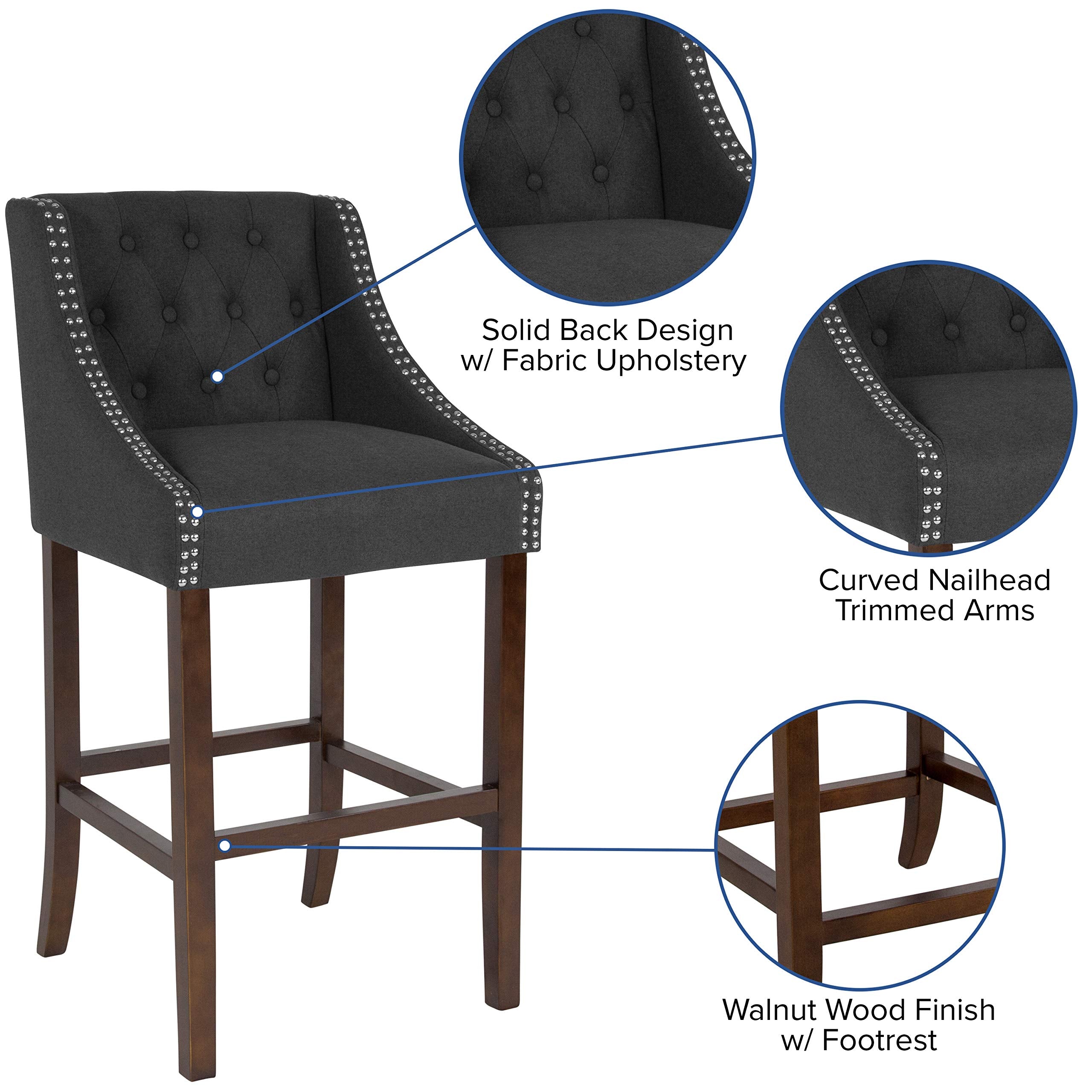 Flash Furniture Carmel Series 30' High Transitional Tufted Walnut Barstool With Accent Nail Trim In Charcoal Fabric