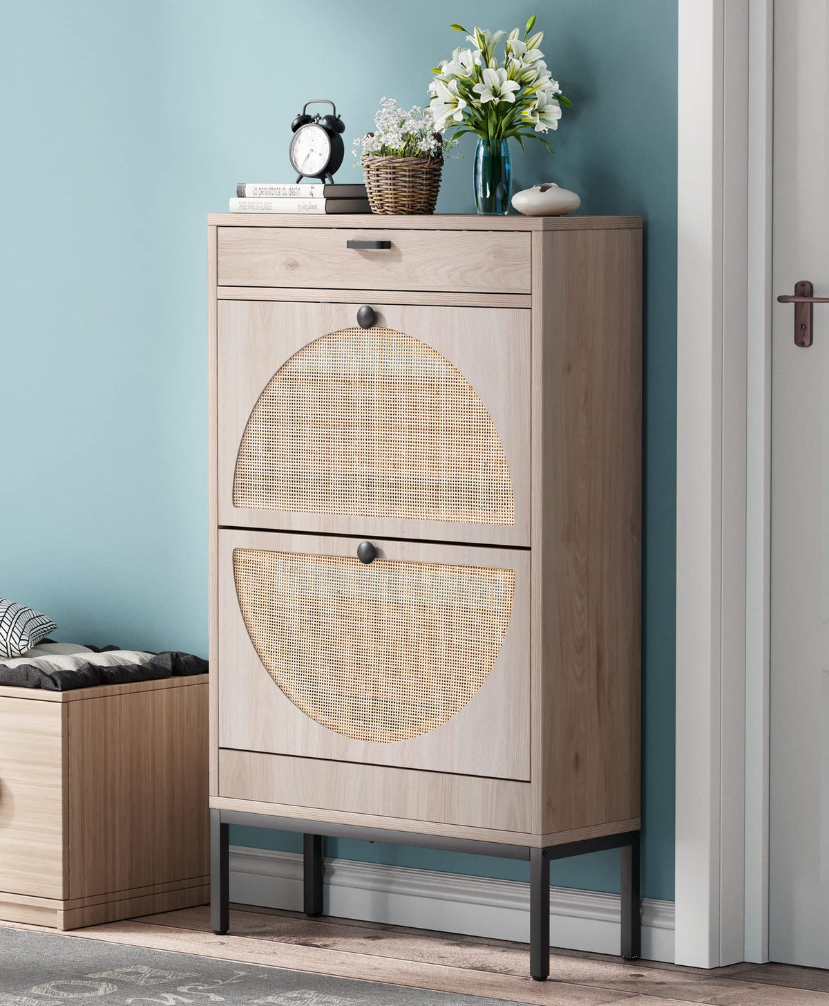 Brafab Shoe Storage Cabinet with 2 Flip Drawers&1 Small Drawer, Slim Entryway Shoe Organizer with Half Round Woven Rattan Doors 
