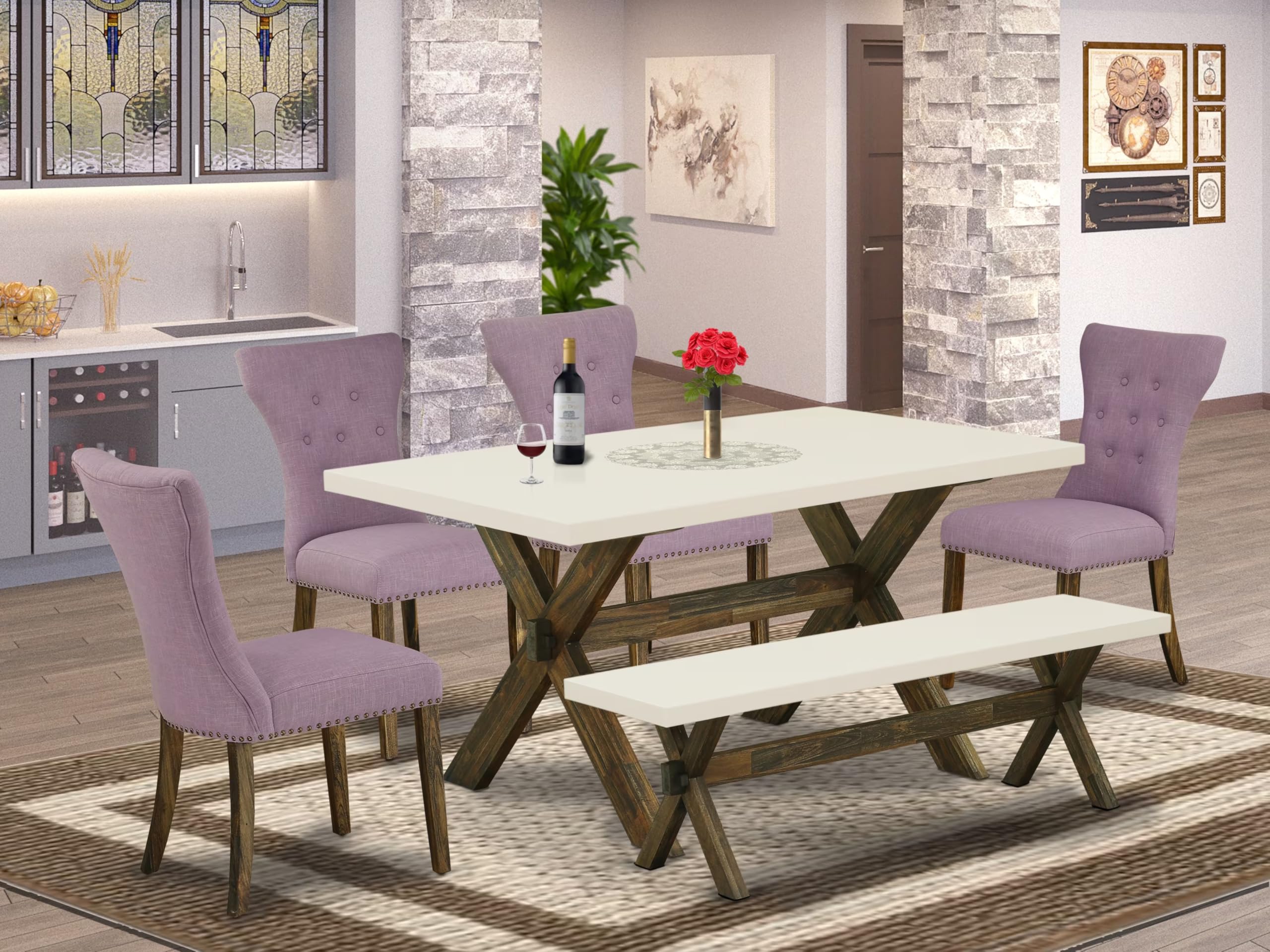 East West Furniture X726Ga740-6 6 Piece Dining Room Set Contains A Rectangle Dining Table With X-Legs And 4 Dahlia Linen Fabric Parson Chairs With A Bench, 36X60 Inch, Multi-Color