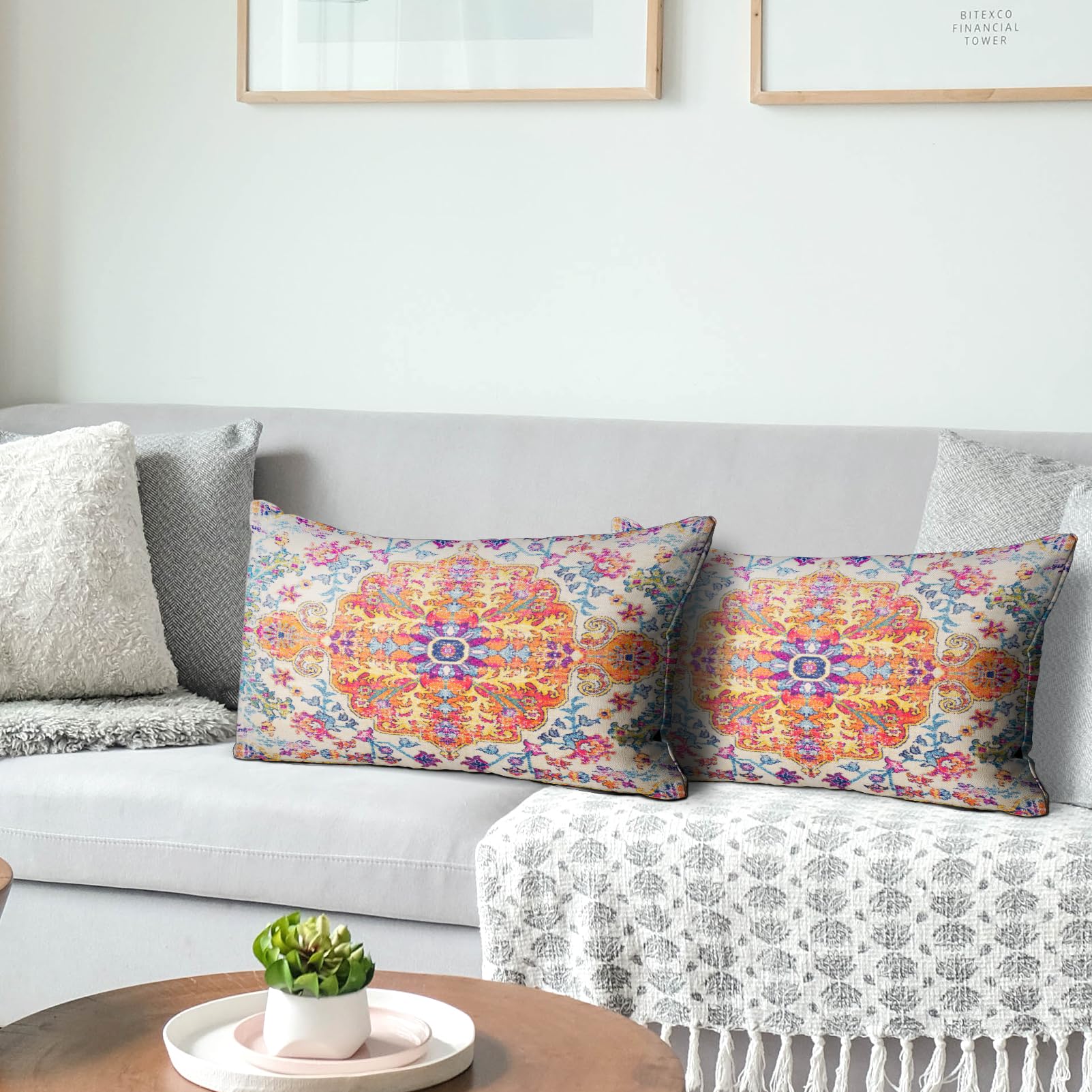 Snycler Orange Blue Ethnic Boho Pillow Covers 12X20 In Boho Carpet Cream Coral Floral Decorative Couch Pillow Cases With Zipper