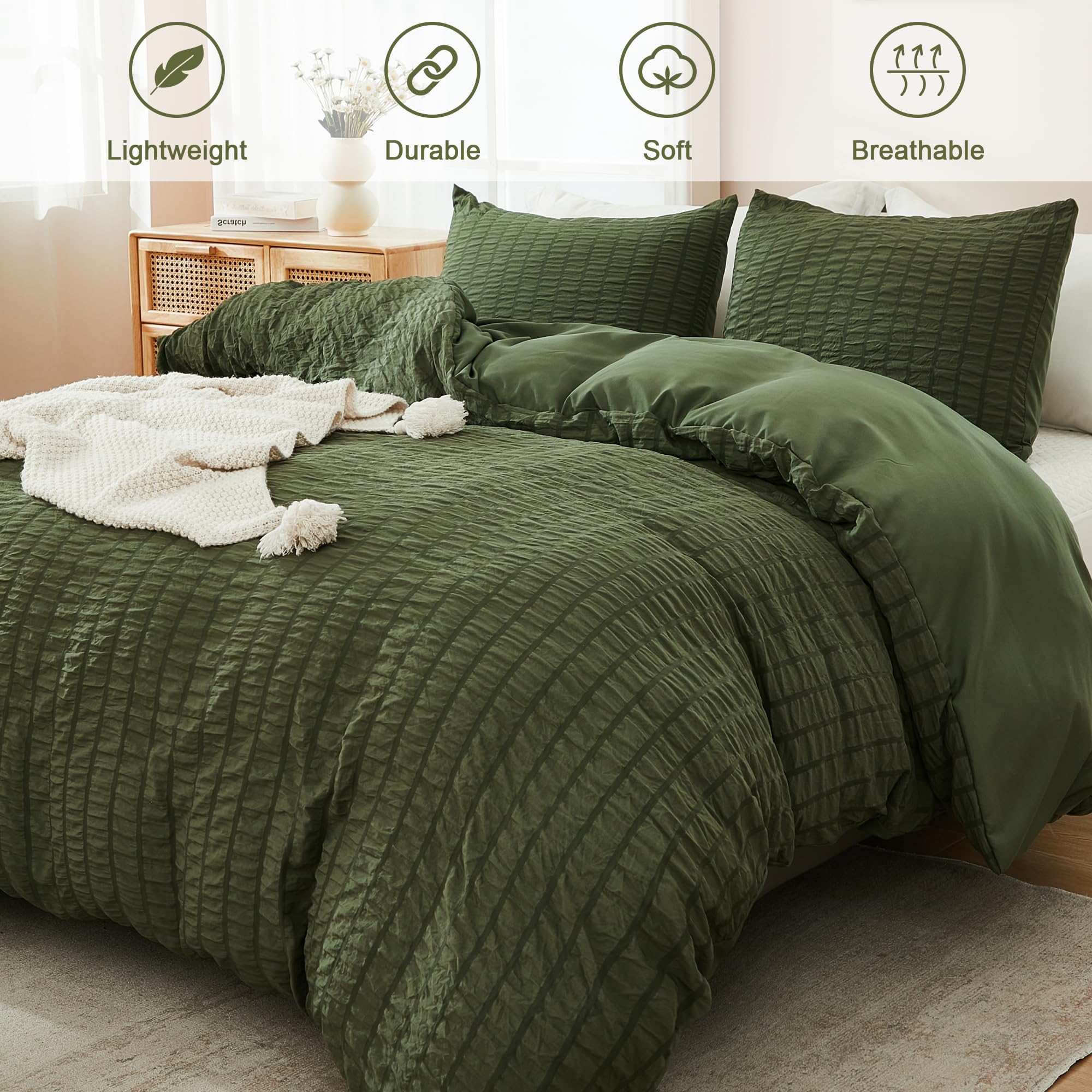 Avelom Dark Olive Green Seersucker Duvet Cover Set Full (80 X 90 Inches), 3 Pieces (1 Duvet Cover + 2 Pillow Cases), Ultra Soft Washed Microfiber, Textured Duvet Cover With Zipper Closure, Corner Ties