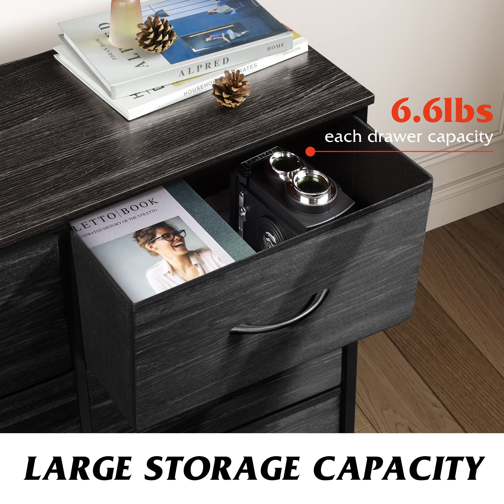 Wlive Black Dresser For Bedroom, 6 Drawer Double Dresser, Fabric Storage Tower With Fabric Bins, Chest Of Drawers For Closet, Living Room, Hallway