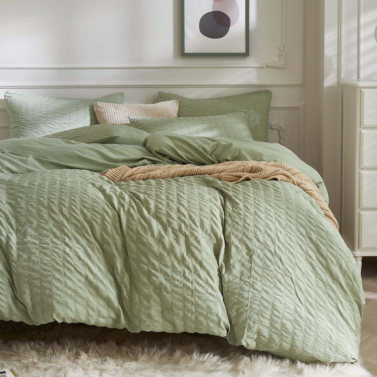 Jellymoni Light Green Duvet Cover Cal King Size, 3Pcs Washed Microfiber Bedding Set, Soft Breathable Seersucker Duvet Cover Set