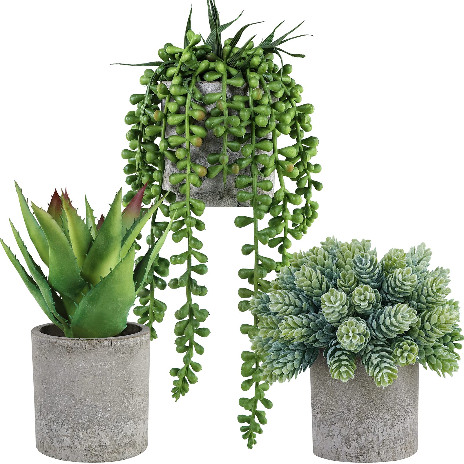 Winlyn Set of 3 Mini Potted Succulents Artificial String of Pearls Aloe Hops Succulent Plants in Gray Pots for Gifts Table Shelv