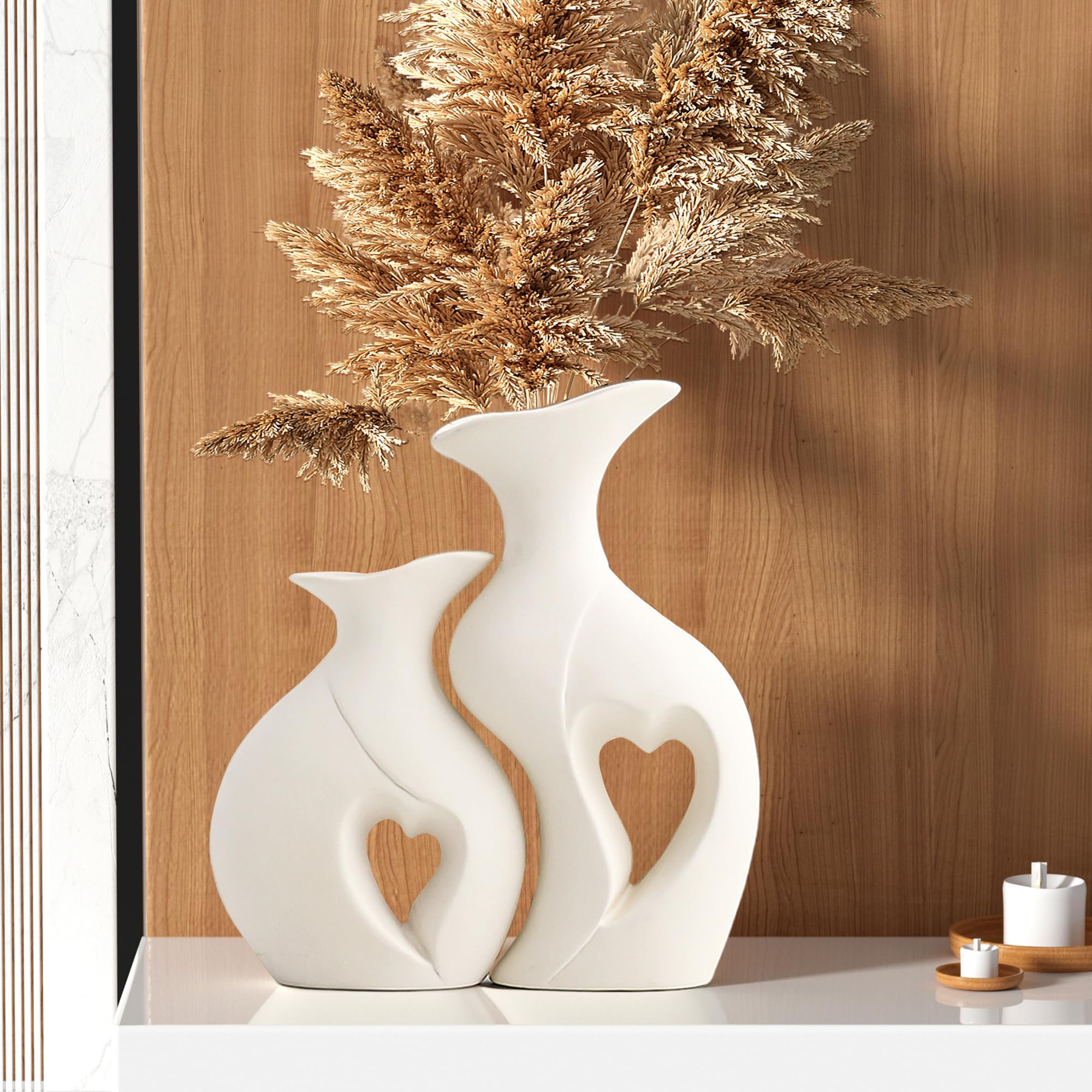 White Ceramic Vase Set of 2 for Home Decor,Minimalist Nordic Boho Vase for Decor,Flower Vases for Wedding,Living Room,Dining Tab