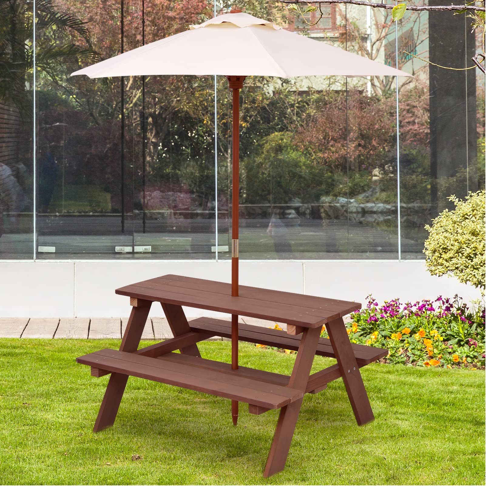Bettary Kids Picnic Table, Wooden Toddler Activity Table With Removable Umbrella, Children Backyard Furniture For Patio, Garden, Gift For Girls & Boys, Kids Table And Bench Set For Outdoors Indoors