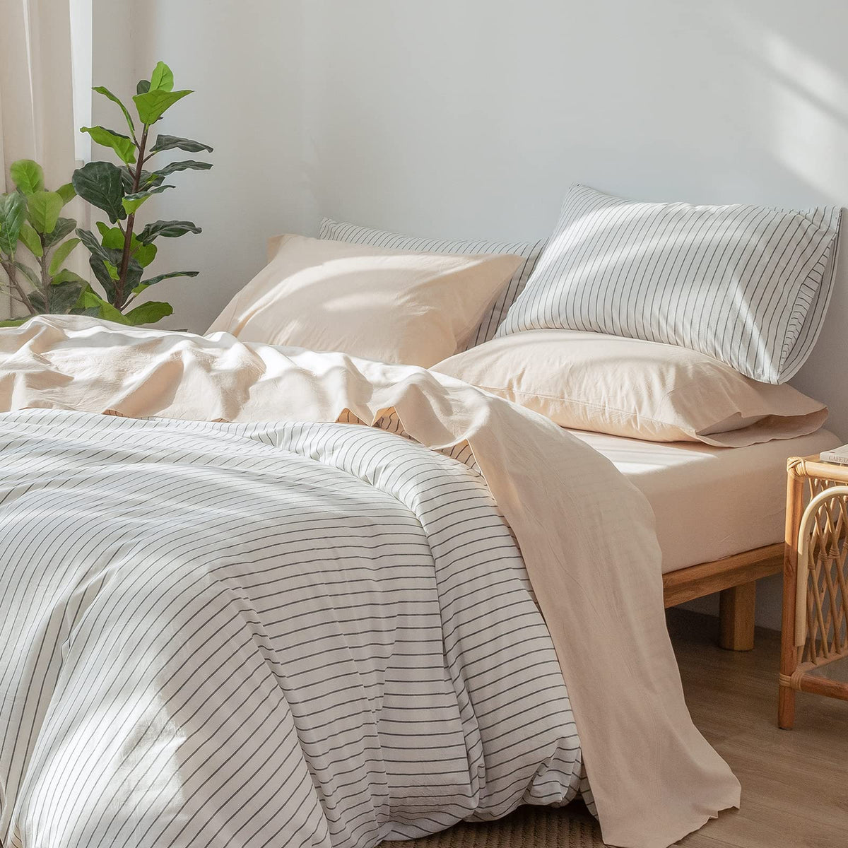 Moomee Bedding Sheet Set 100% Washed Cotton Linen Like Textured Breathable Durable Soft Comfy (Sandy Beige, King)