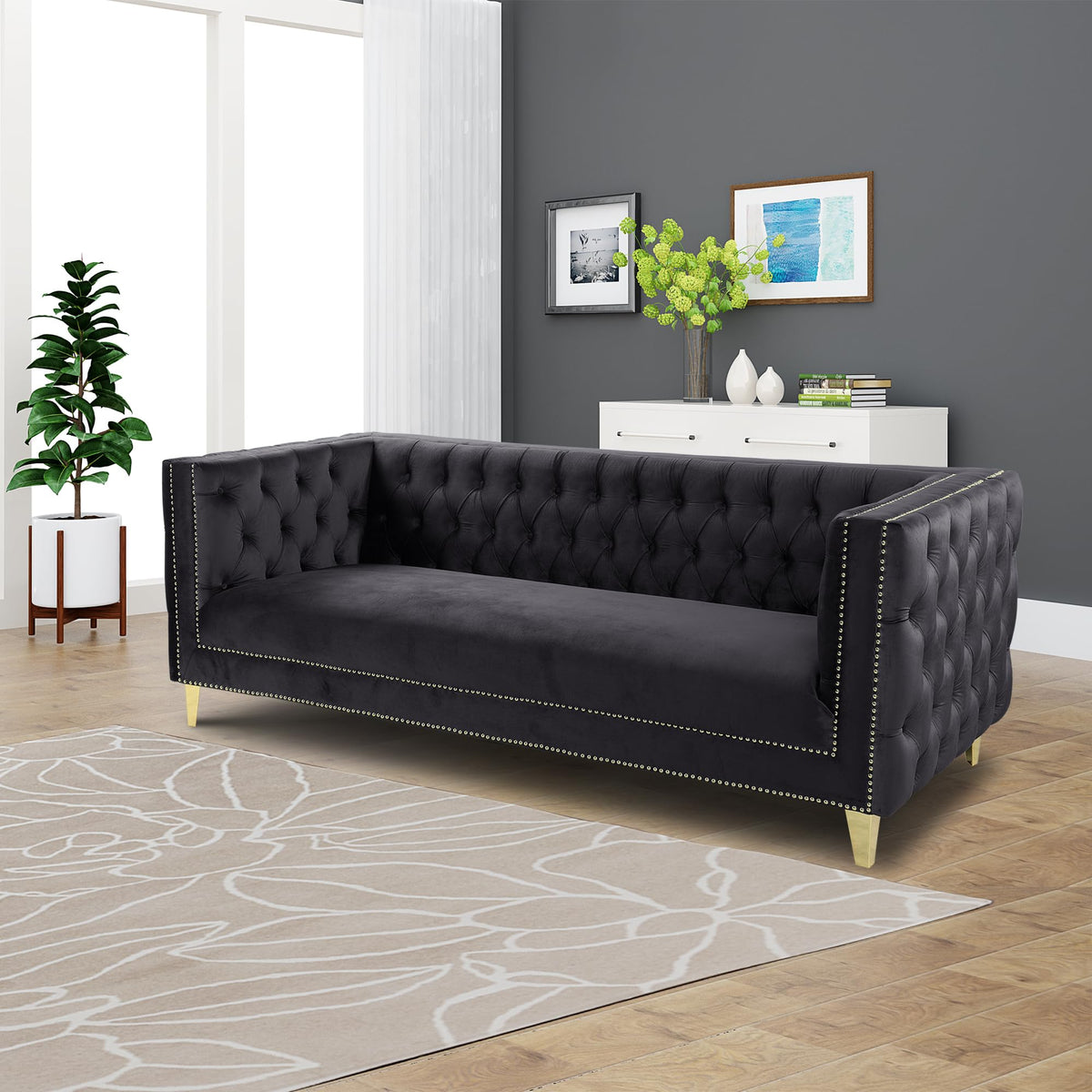 Woodpeckers Furniture And Mattress Luxe Velvet Sofa with Gold Legs, Fully Assembled. (Black)