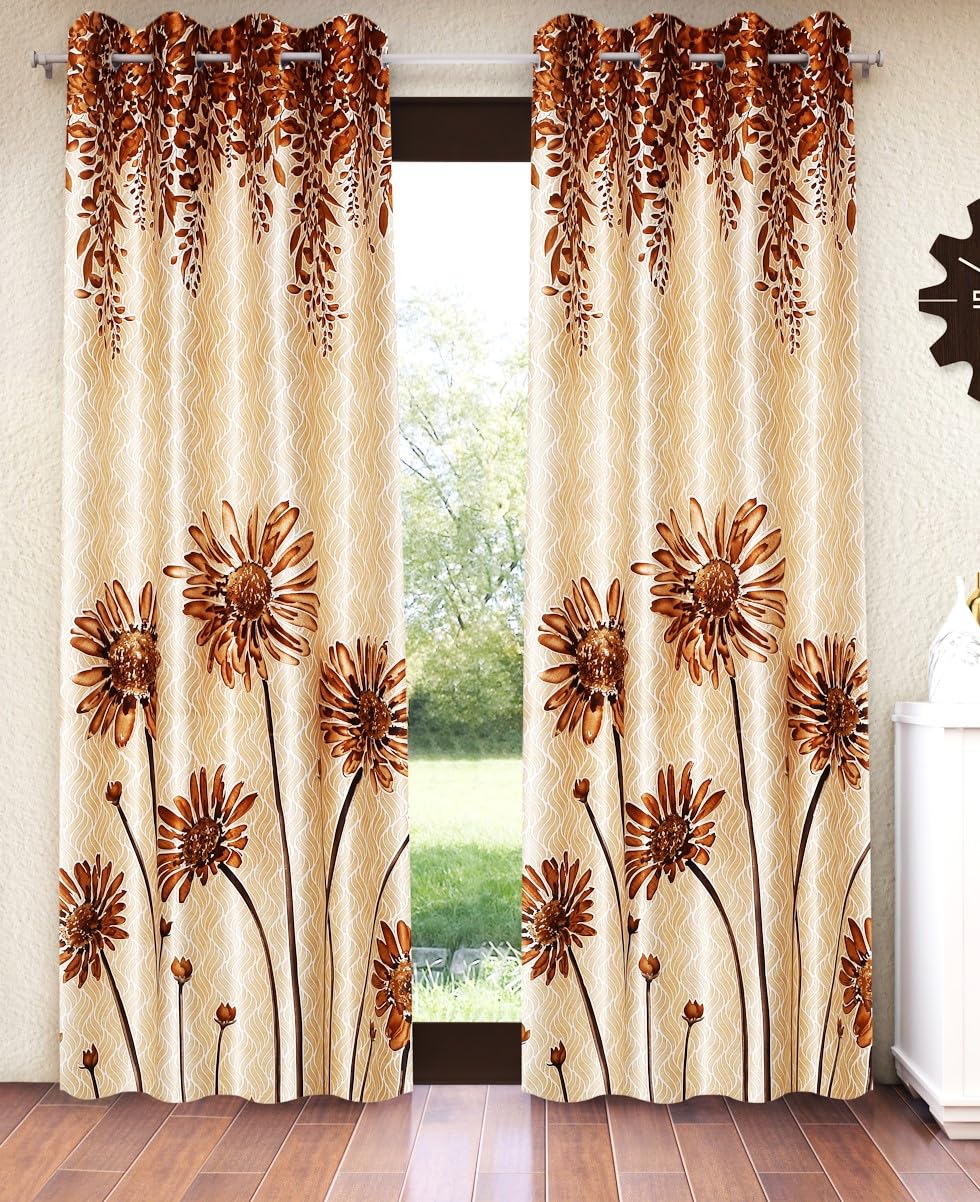 Home Sizzler 2 Pieces Sunflower Panel Eyelet Polyester Door Curtains  7 Feet, Gold
