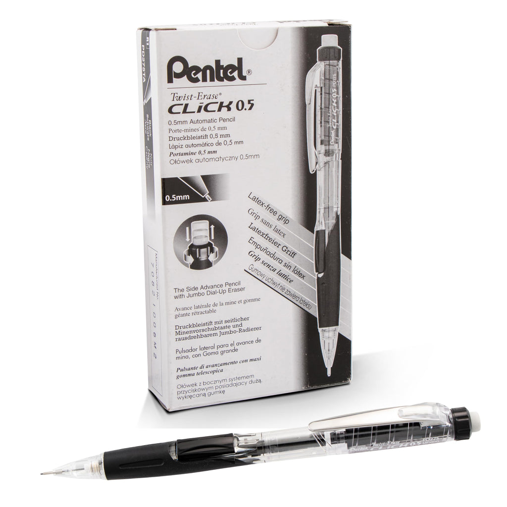 Pentel Twist Erase CLICK Mechanical Pencil, 0.5mm, Black Grip, 12 Count, Model PD275TA, Clear Barrel