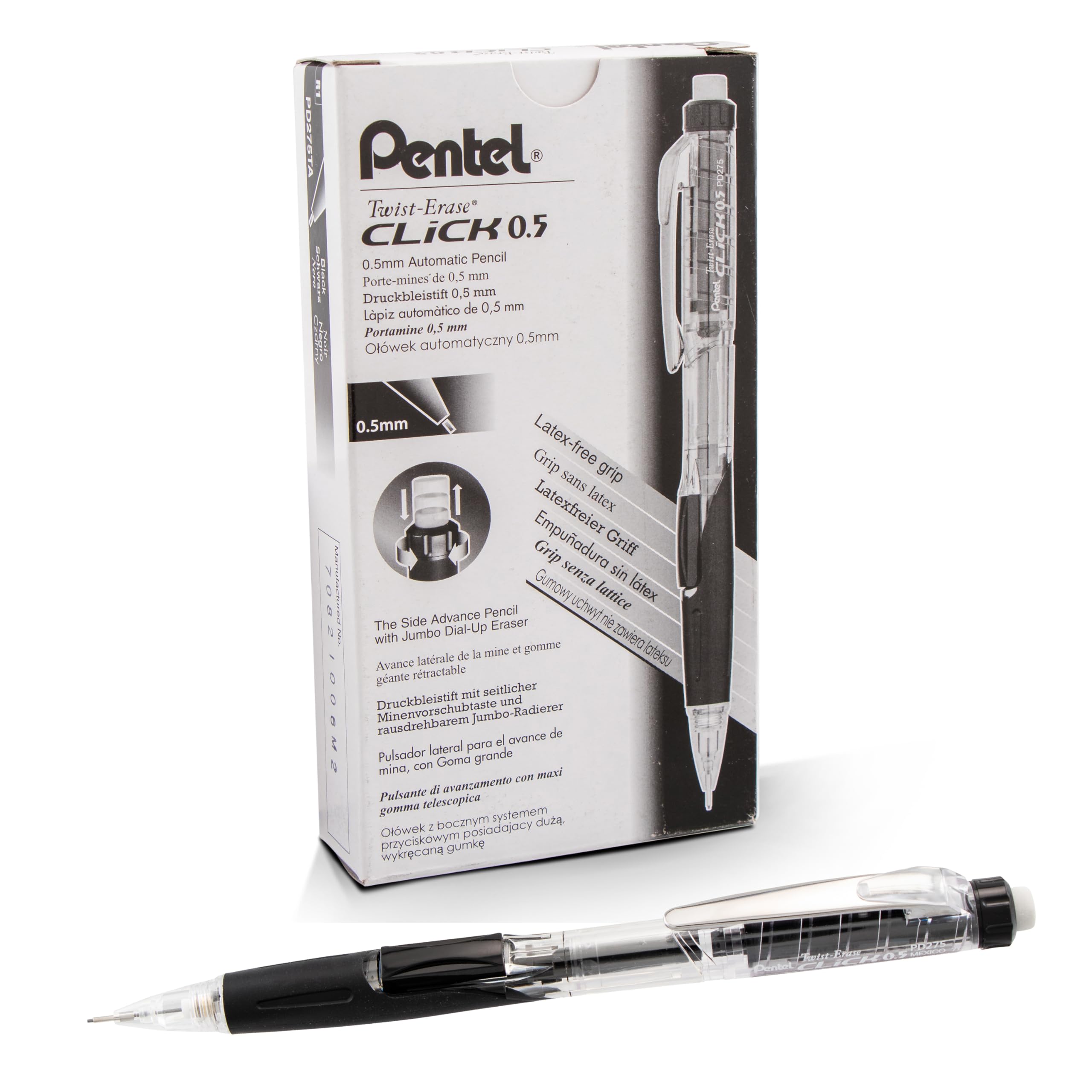 Pentel Twist Erase CLICK Mechanical Pencil, 0.5mm, Black Grip, 12 Count, Model PD275TA, Clear Barrel