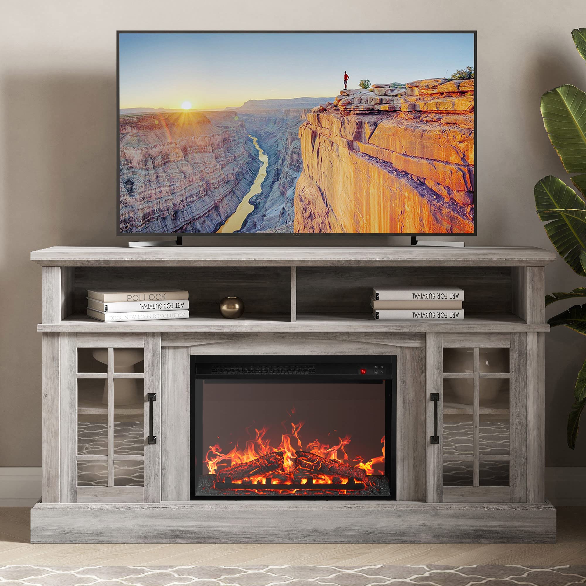BELLEZE Traditional 58 Rustic TV Stand with 23 Electric Fireplace Heater with Sound, Media Entertainment Center Console Table fo