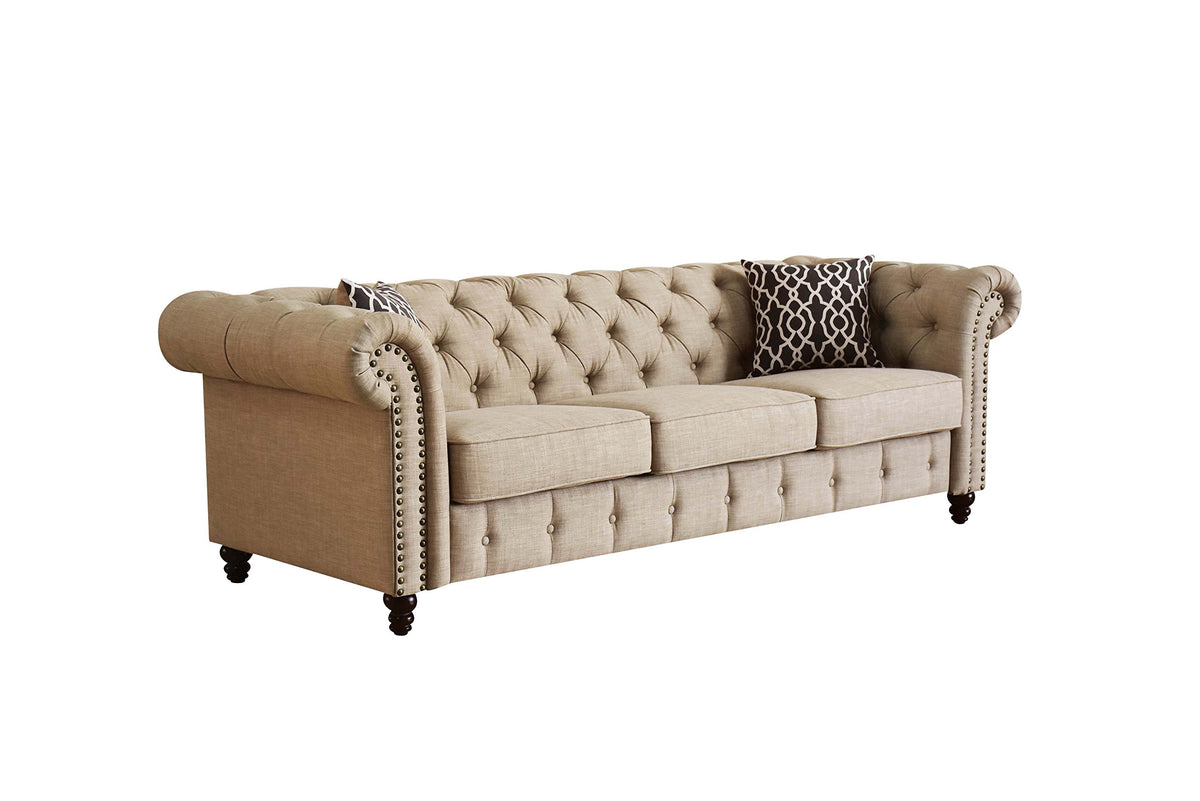 Acme Aurelia Nailhead Trim Tufted Sofa with 2 Pillows in Beige Linen