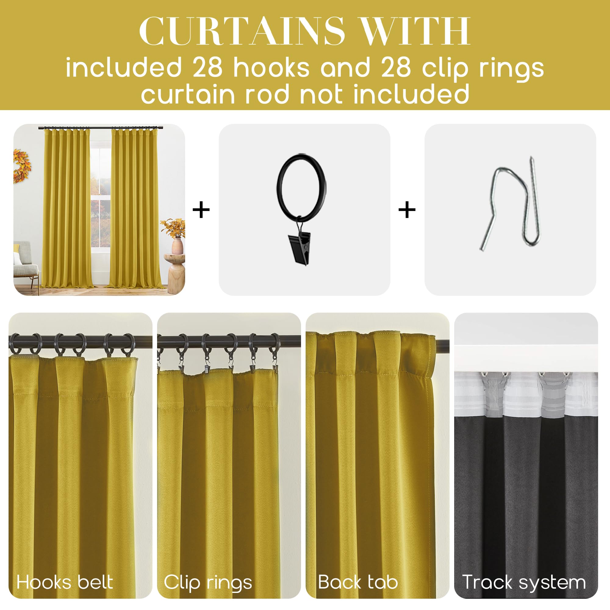 Shineland Yellow Blackout Curtains 63 Inch Length For Kids Bedroom 2 Panels Set,Back Tab Rod Pocket Room Darkening Blacked Out C