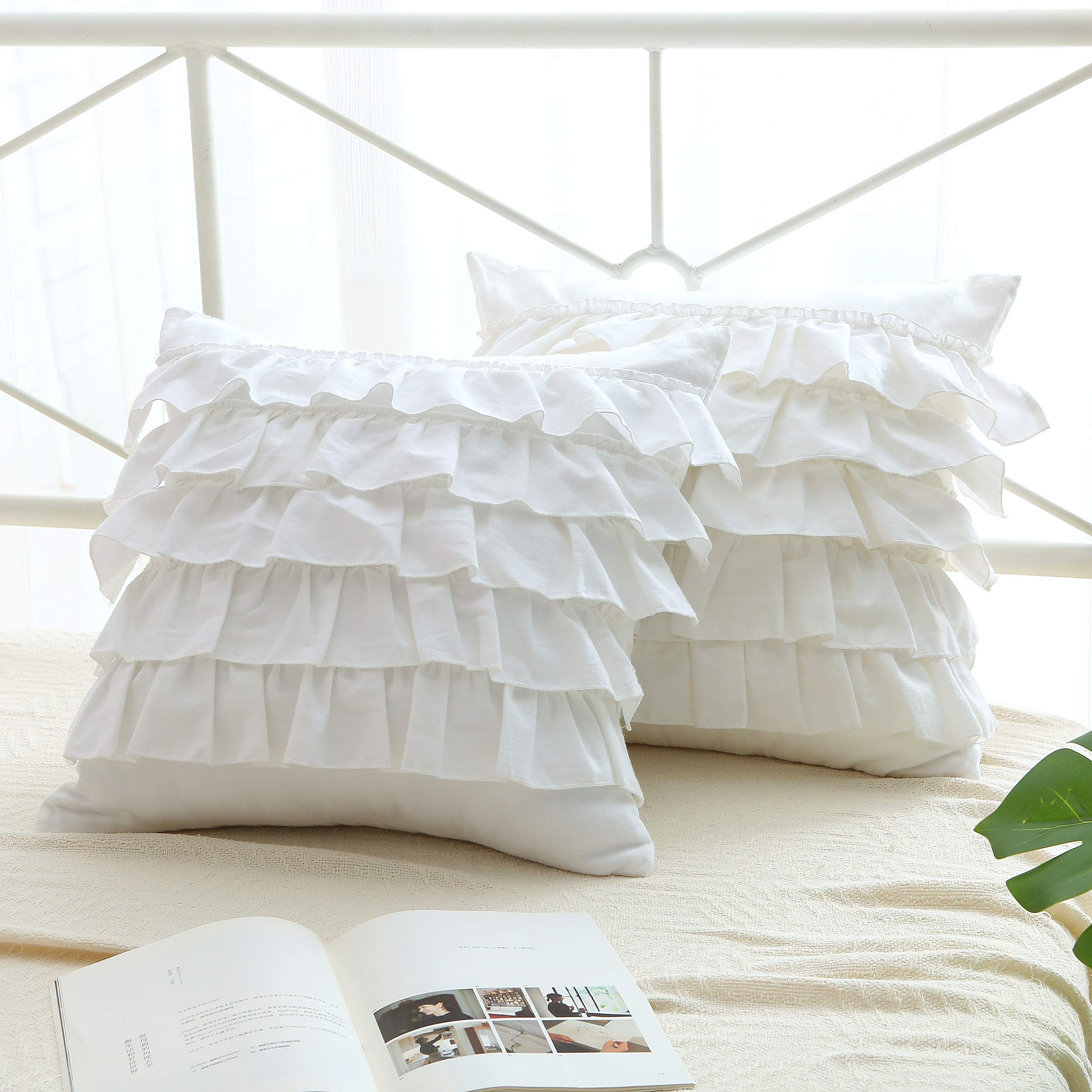 2-Pack Bright White Throw Pillow Covers With Waterfall Ruffles 5 Lays Cushion Cases Egypt Cotton 18'X18'Soft Boudoir