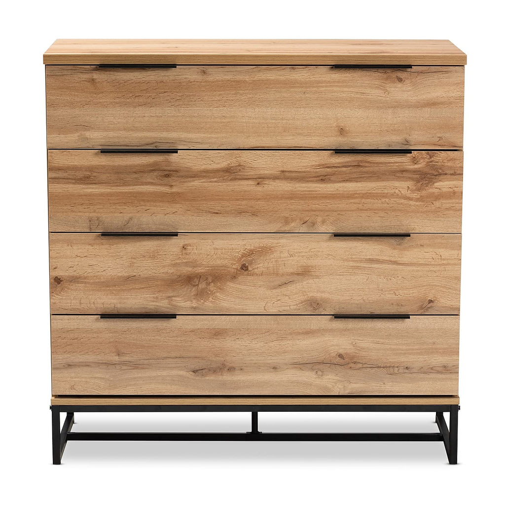 Baxton Studio Reid Modern and Contemporary Industrial Oak Finished Wood and Black Metal 4-Drawer Dresser