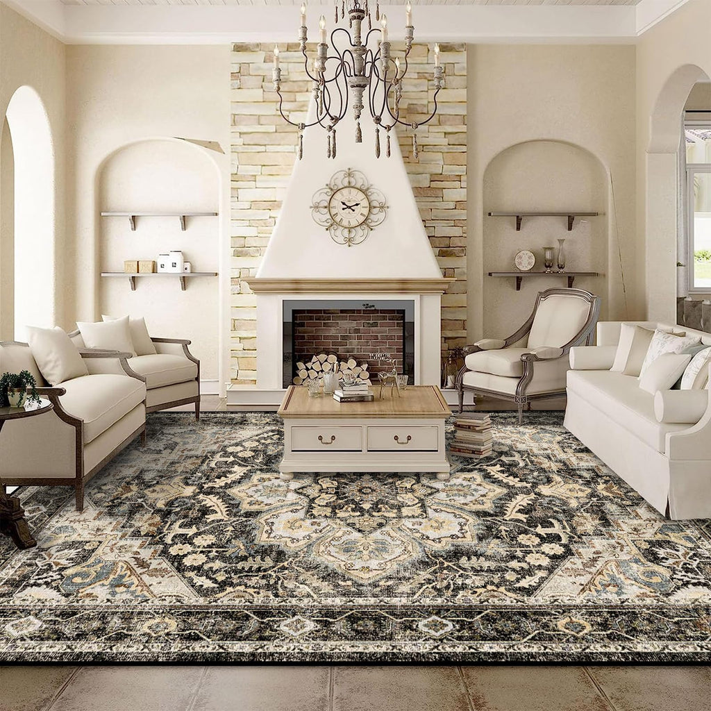 TOPRUUG Washable Oriental Area Rug - 9x12 Rugs for Living Room Soft Carpet for Bedroom Waterproof Floral Distressed Indoor Stain