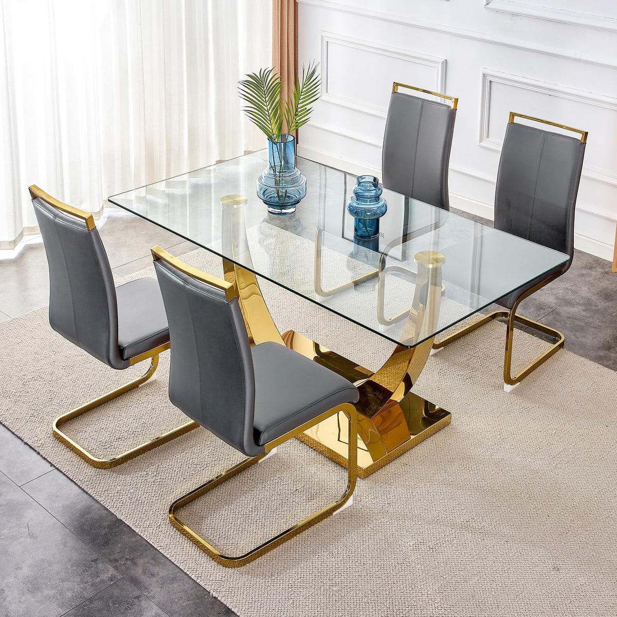 Nyeess 63” Glass Dining Table Set For 4,Gold Dining Room Table Set For 4,Modern Kitchen Table And Pu Leather Chairs For 4, Dinner Table With Rectangle Tempered Glass Top And Golden Base