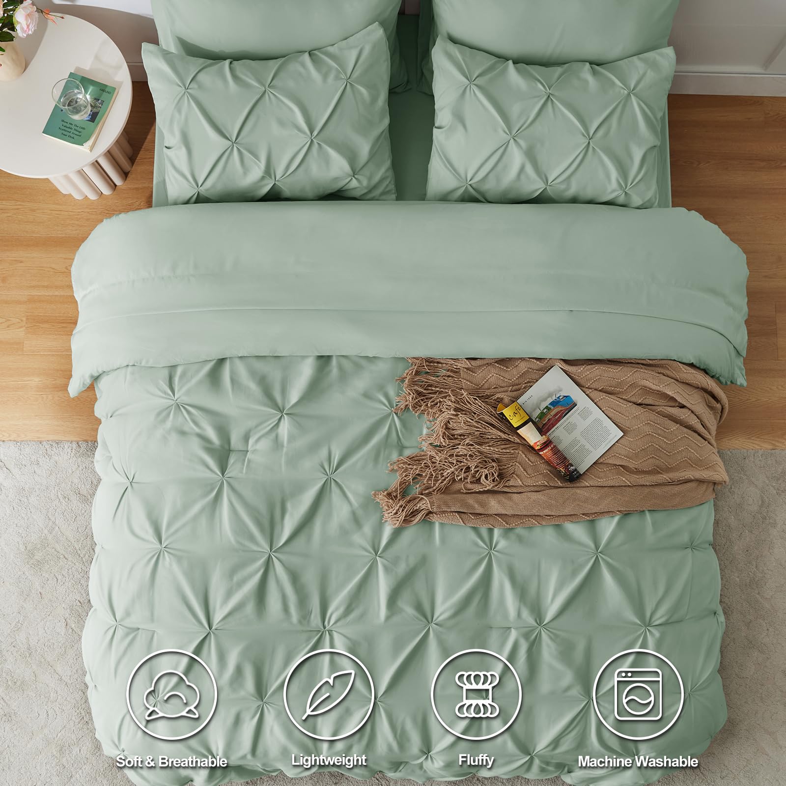 Himhimeet Sage Green Comforter Set Queen 7 Pieces Green Comforter Queen Bedding Set Pintuck Green Queen Comforter Set Pinch Plea