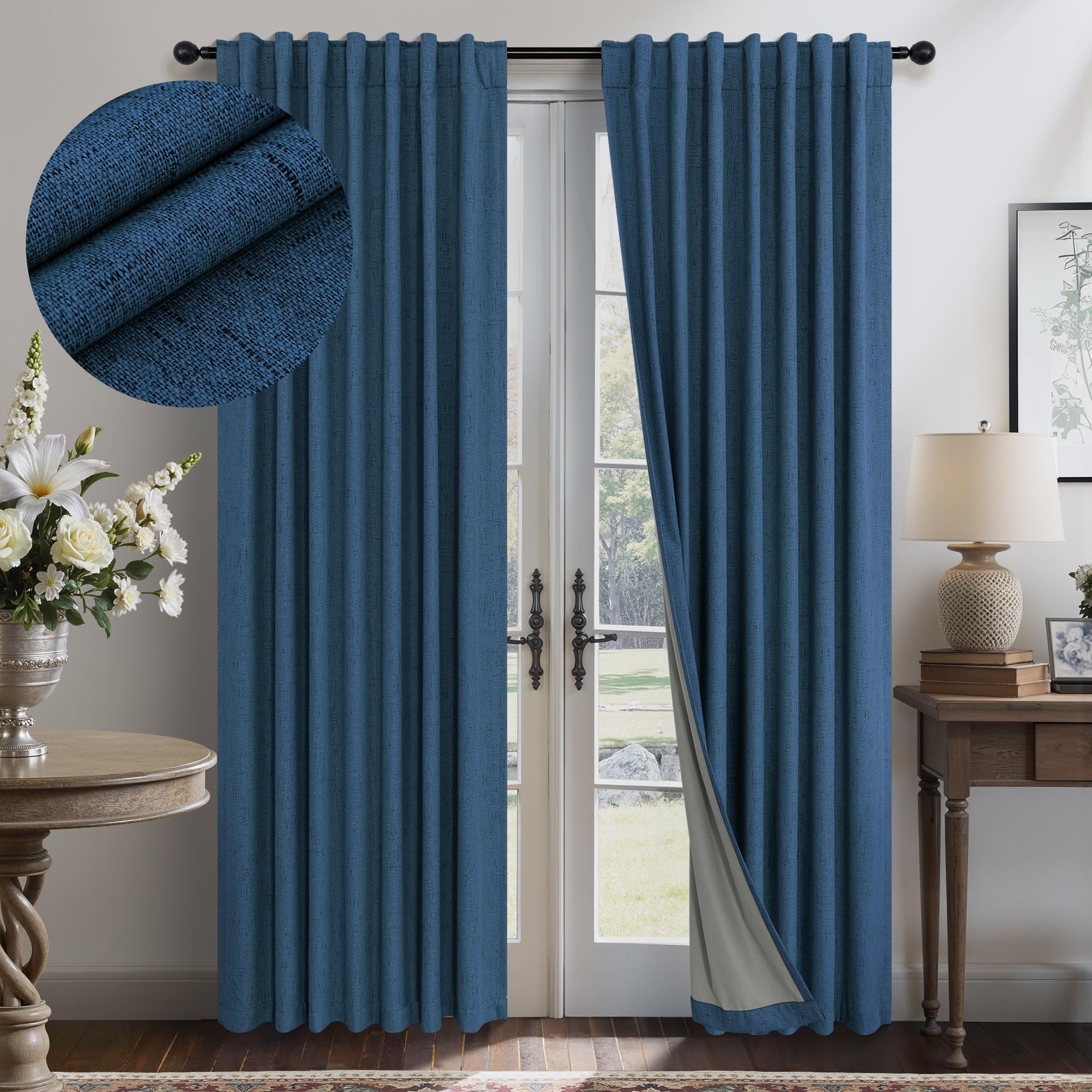 Navy Blue Black Out Curtains 63 Inch Long 2 Panel Burg Linen Textured Thermal Insulated Total Blackout Window Shades Soundproof 