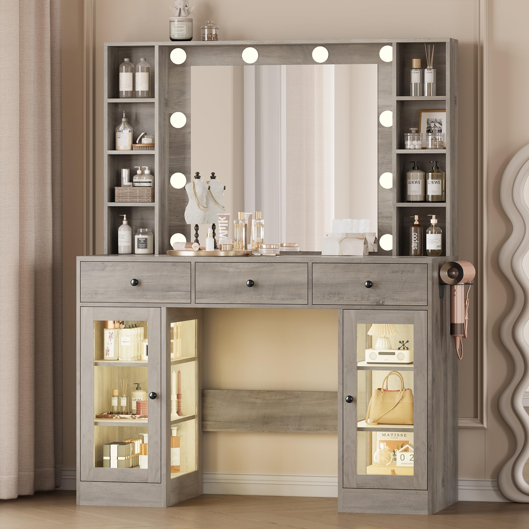 Wodeer Makeup Vanity Desk with Mirror and Lights, Grey Vanity with Glass Top, LED Lights & Power Outlet, 3 Drawers & 2 RGB Glass